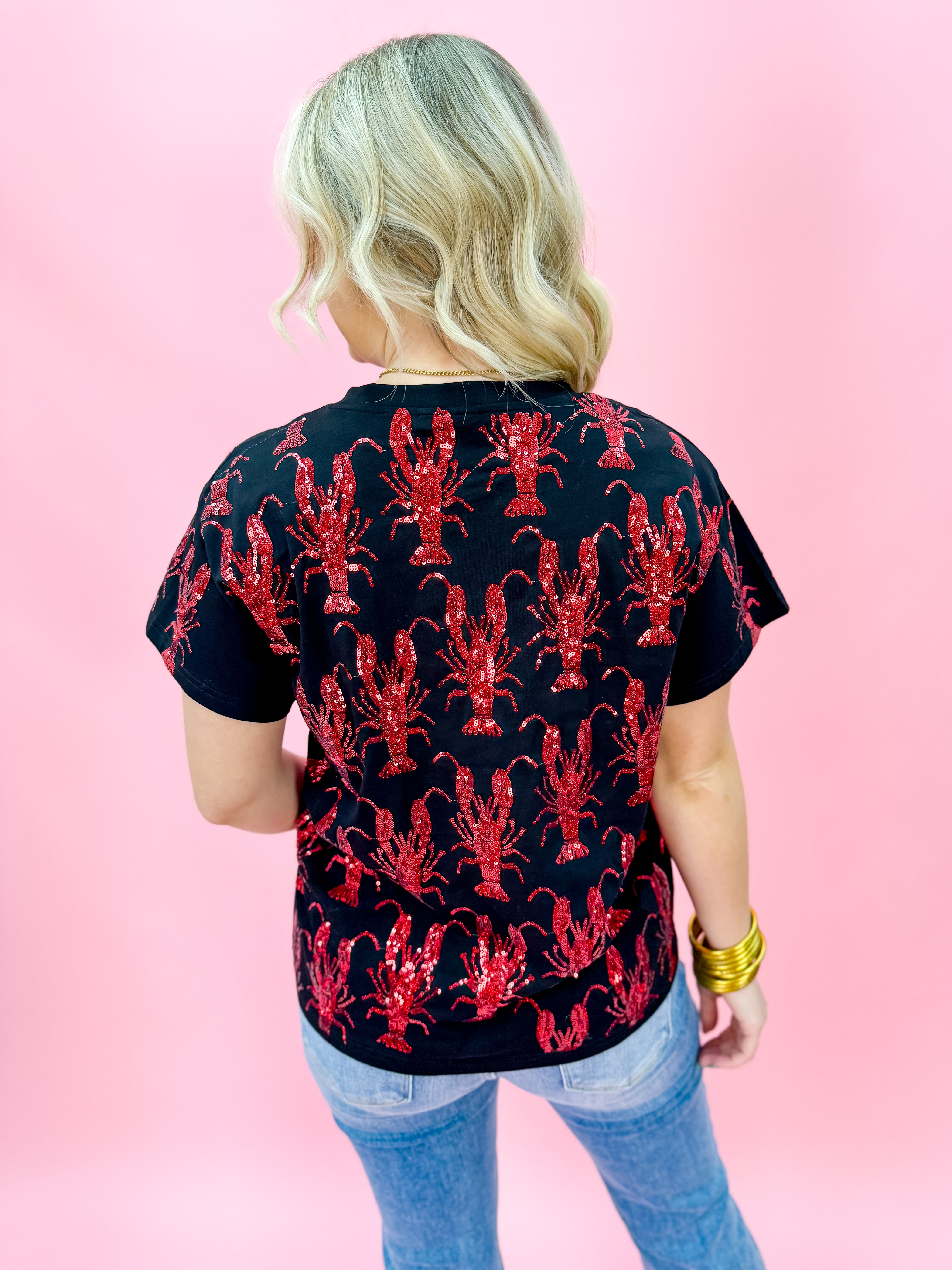 QOS Red All Over Crawfish Black Tee
