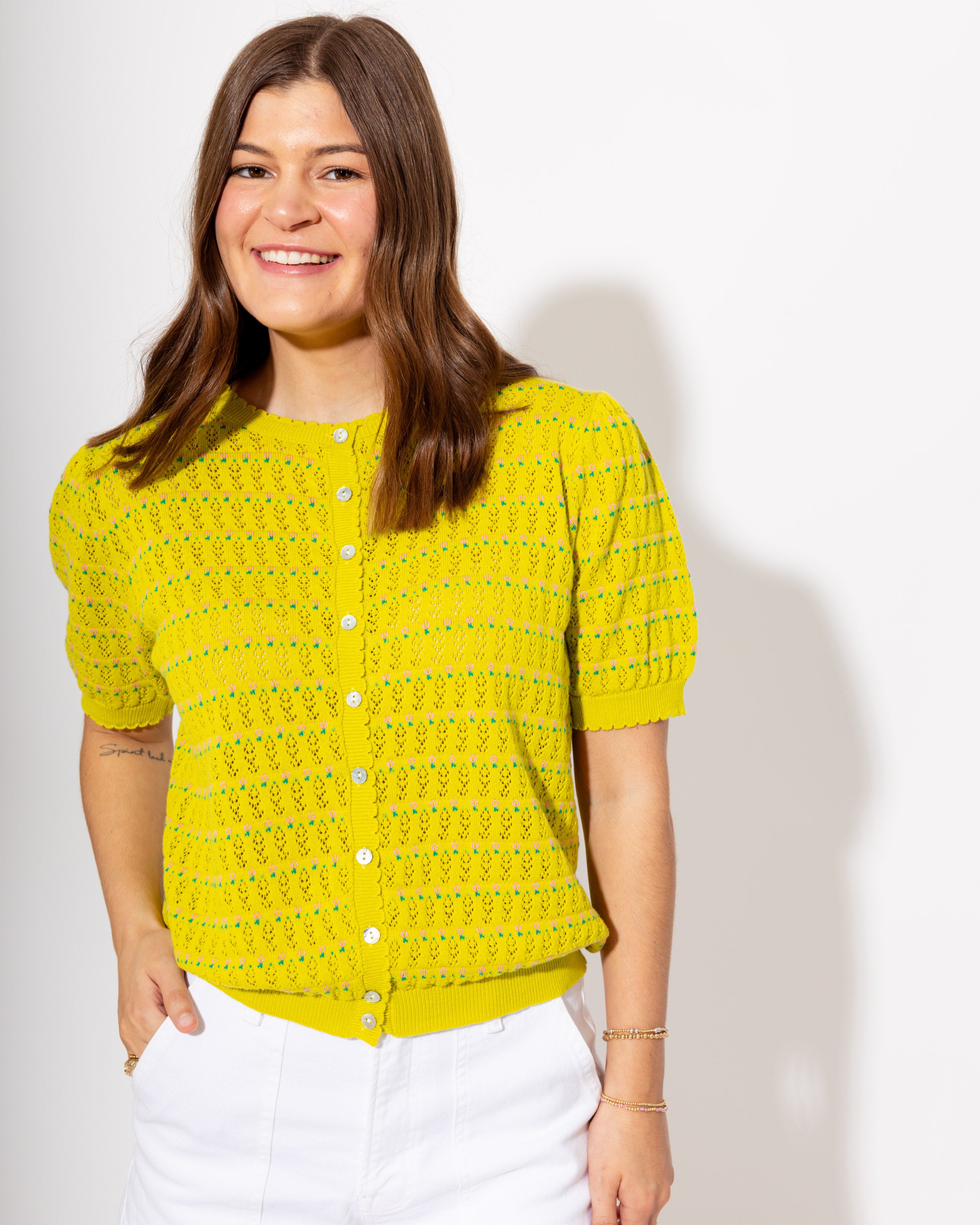 Puff Sleeve Button Up Sweater in Lime/Pink