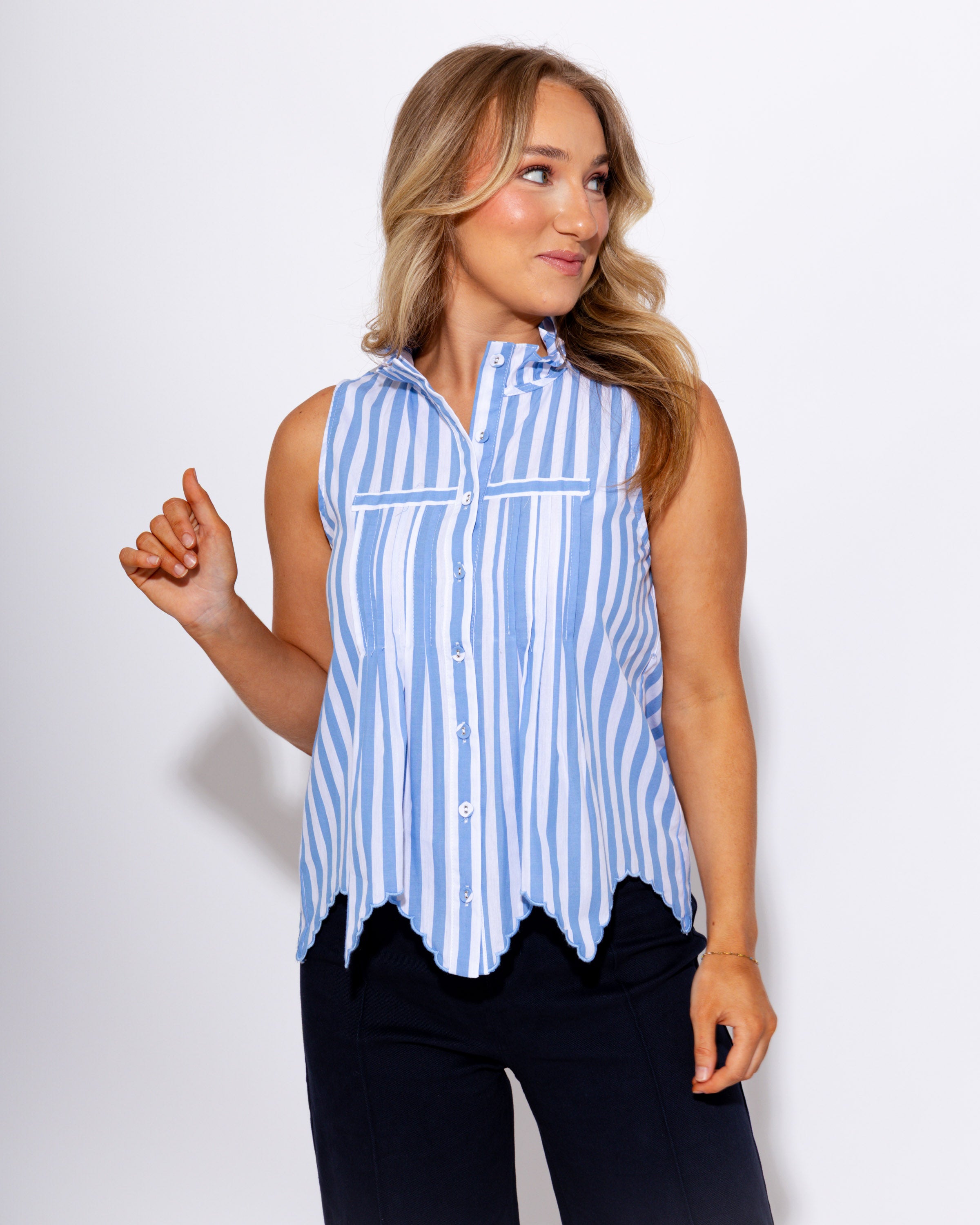 Striped Scalloped Edge Top in Blue