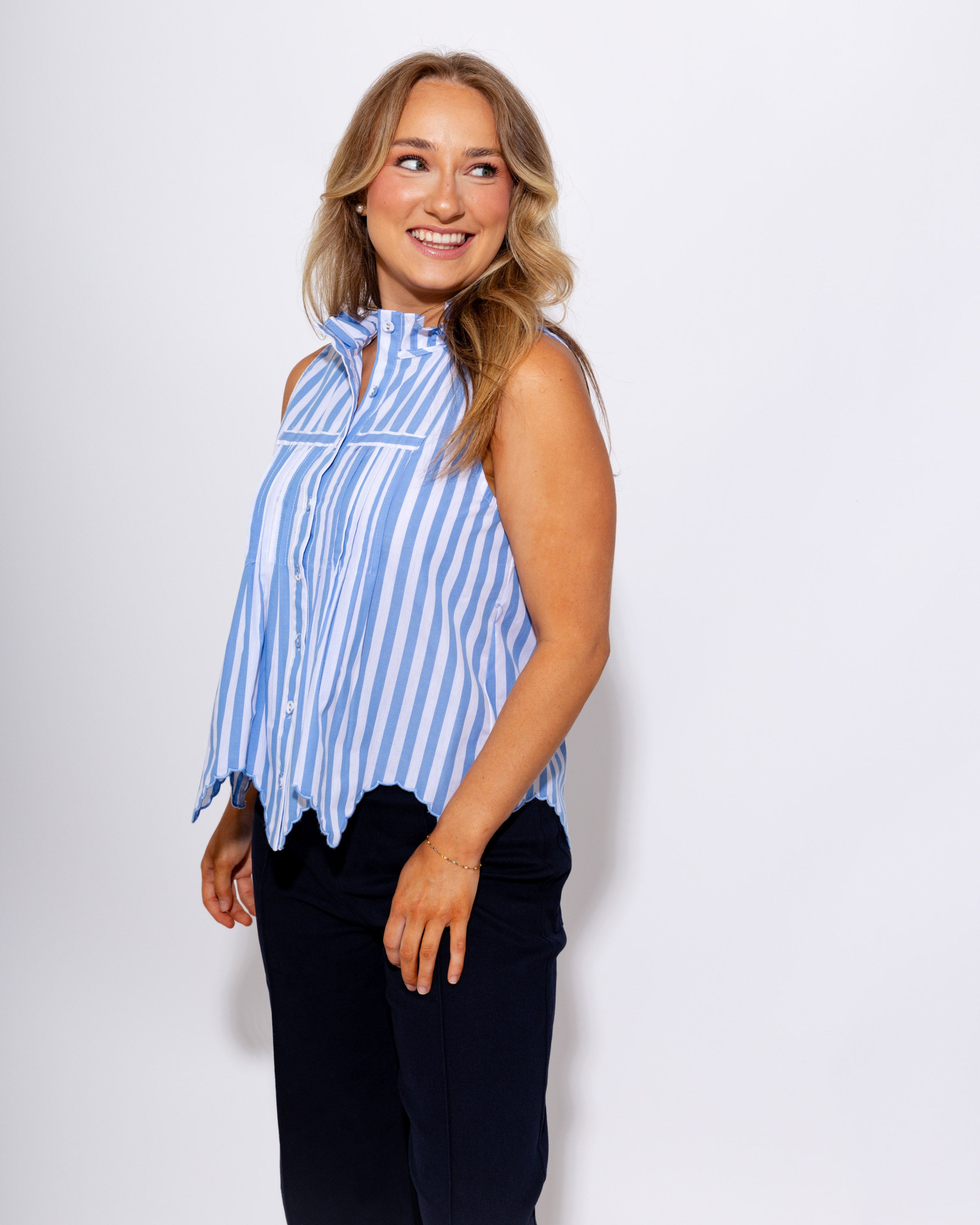 Striped Scalloped Edge Top in Blue