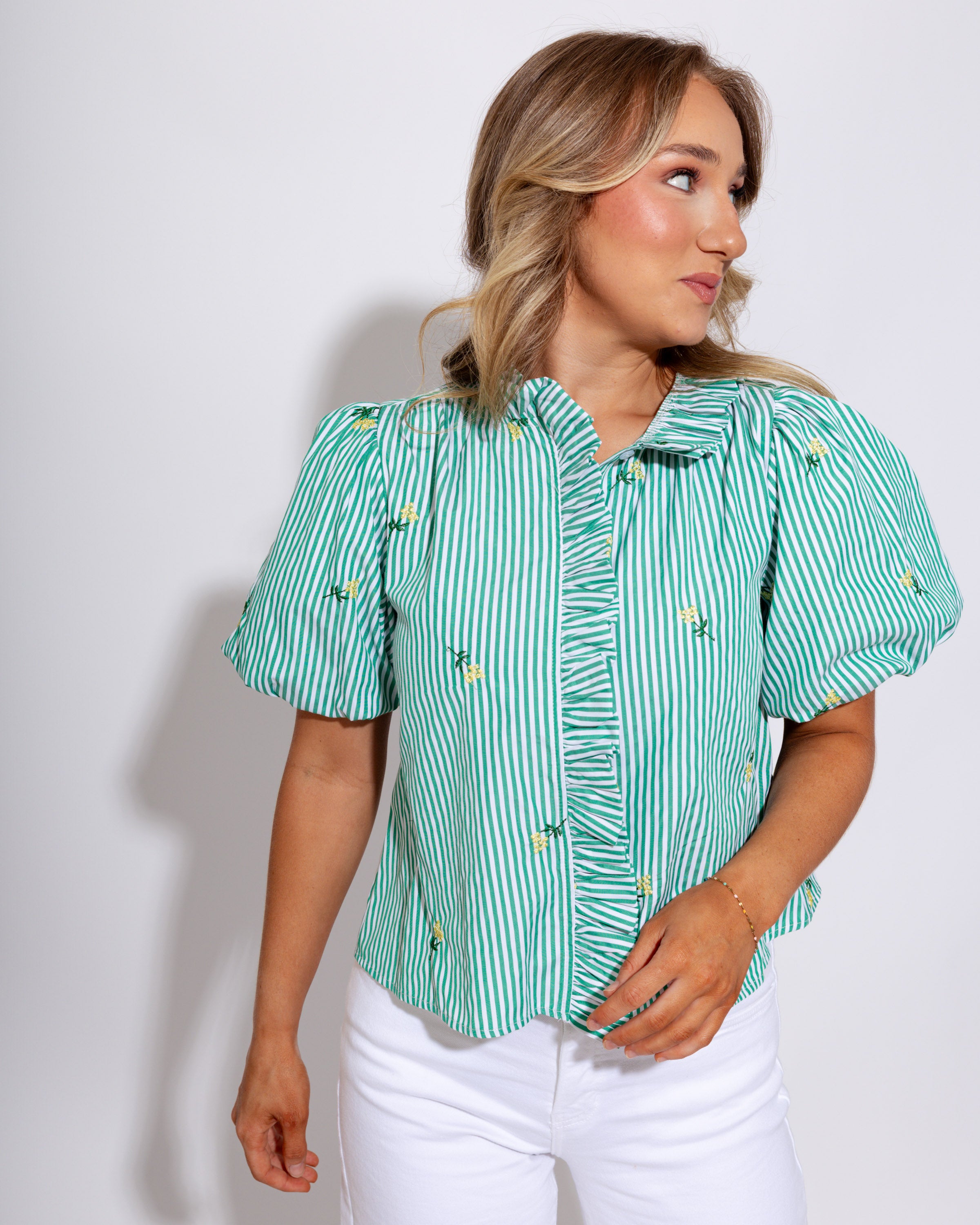 Floral Embroidery Striped Top