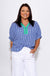 Indigo gingham puff sleeve top with contrast scallop V-neck trim, women's boutique blouse front view at Gaudie & Co
