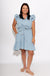 Light denim chambray mini dress with adjustable waist tie belt styled casually, boutique dress at Gaudie & Co