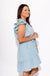 Chambray tie waist mini dress front view with ruffle neckline, women's boutique dress at Gaudie & Co
