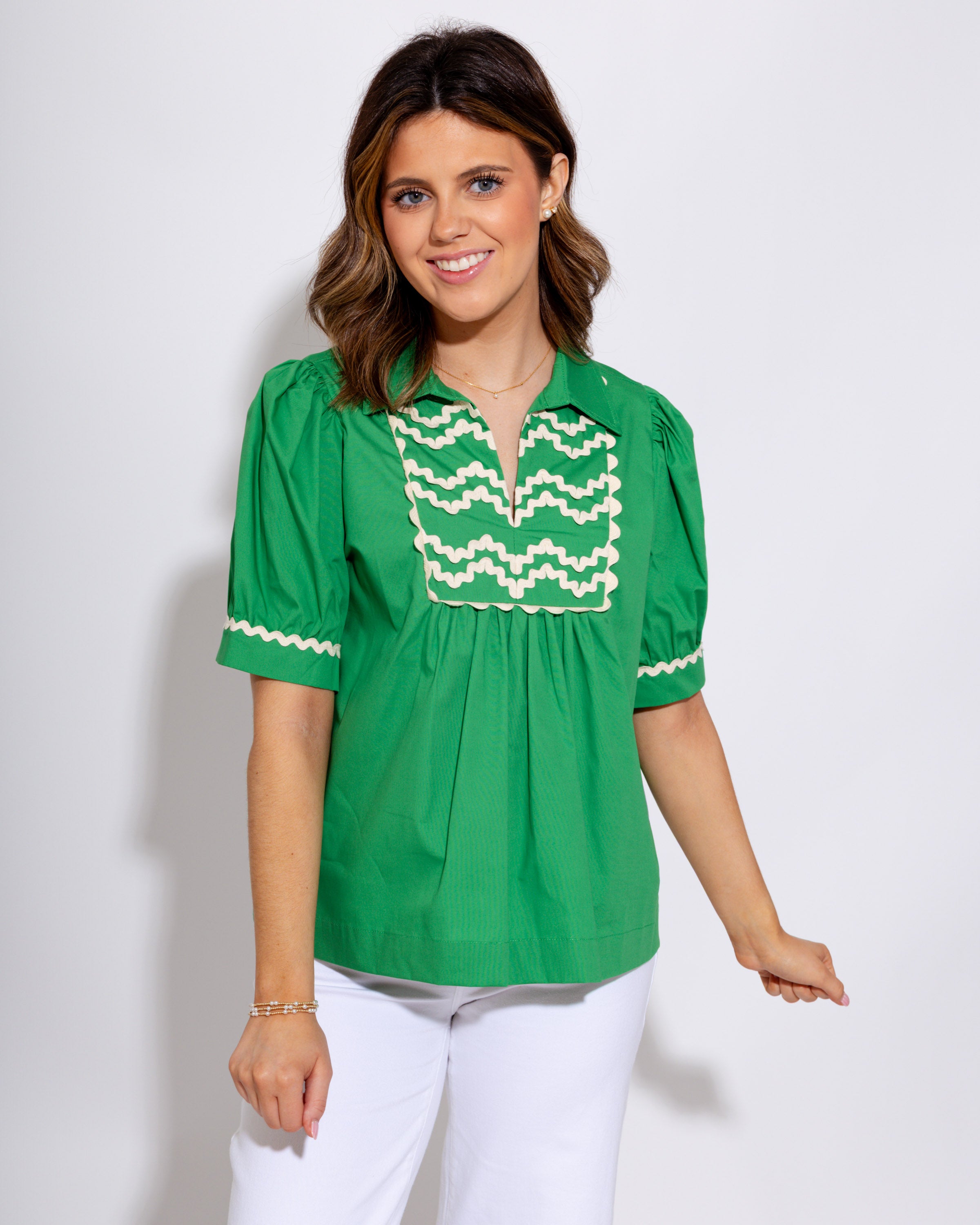 Playful RicRac Accent Top in Kelly green