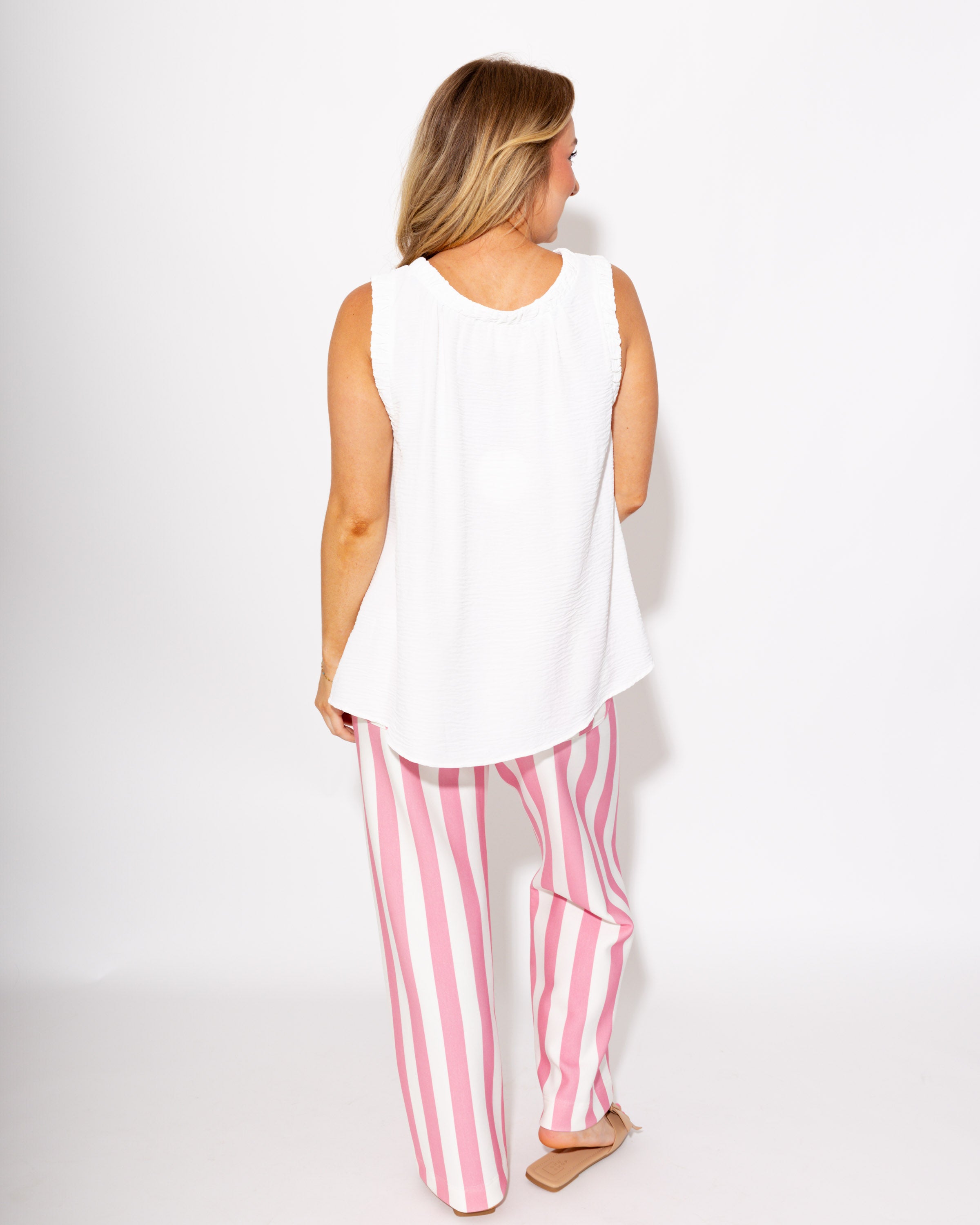 Ruffle Neck Sleeveless Top in Off White