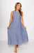 Light blue sleeveless pleated midi dress side view, A-line silhouette boutique dress at Gaudie & Co
