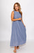 Light blue sleeveless pleated A-line midi dress detail view, boutique dress at Gaudie & Co