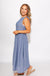 Light blue sleeveless pleated A-line midi dress detail view, boutique dress at Gaudie & Co