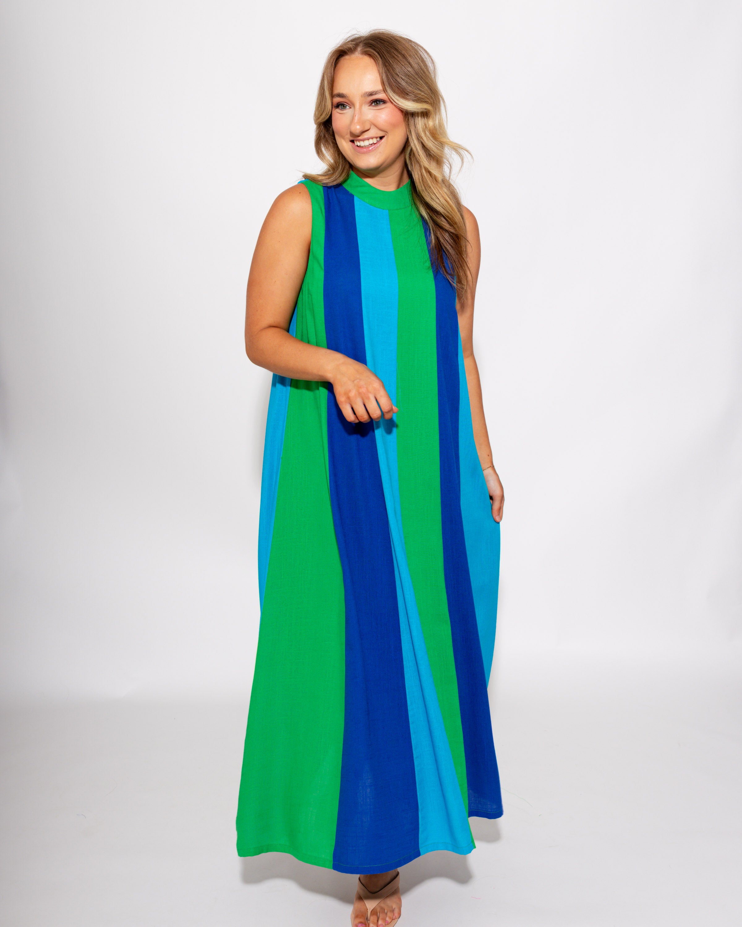Green Navy Blue Colorblock Sleeveless Midi Dress - THML - Gaudie & Co. TX Boutique