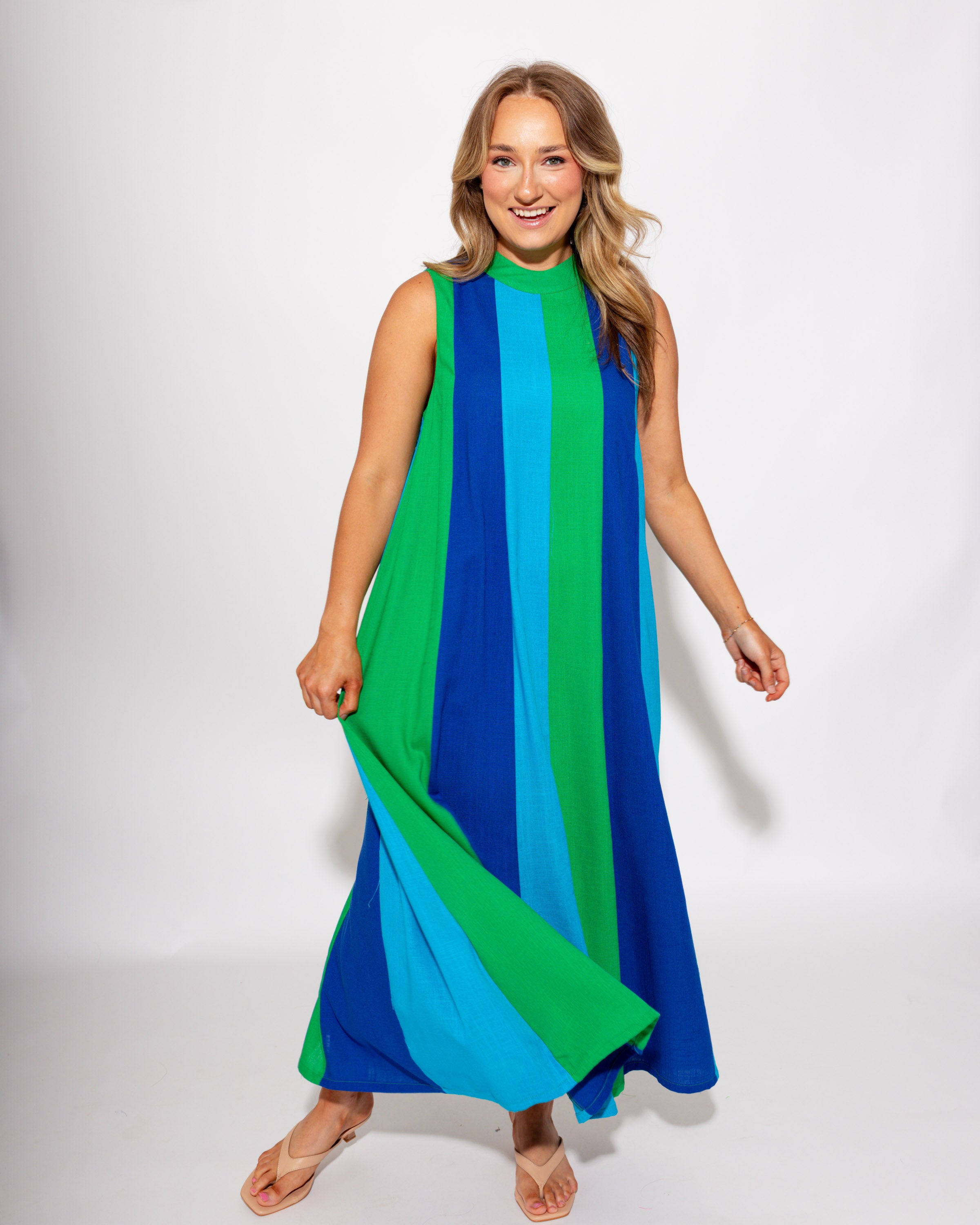 Green Navy Blue Colorblock Sleeveless Midi Dress - THML - Gaudie & Co. TX Boutique