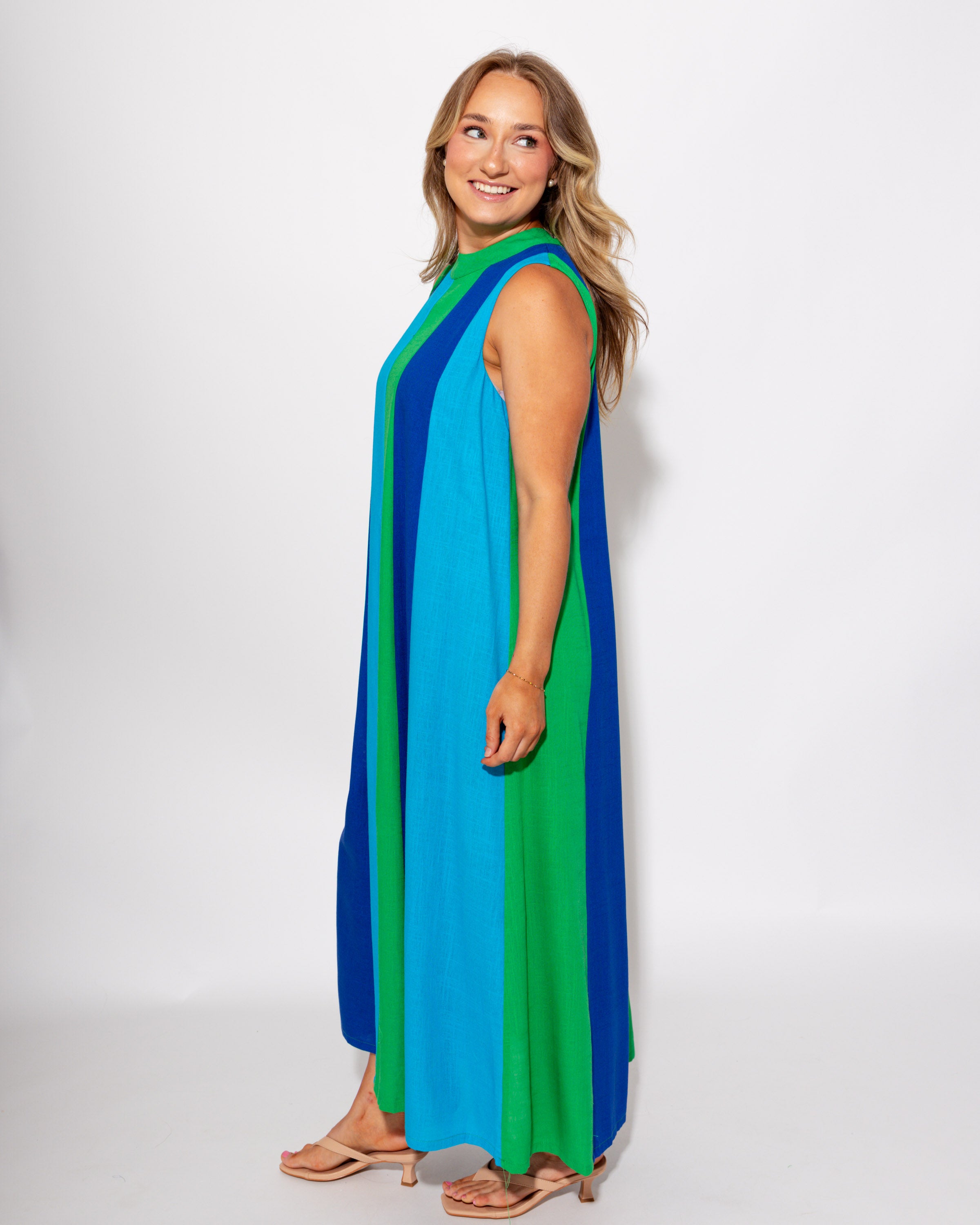 Green Navy Blue Colorblock Sleeveless Midi Dress - THML - Gaudie & Co. TX Boutique