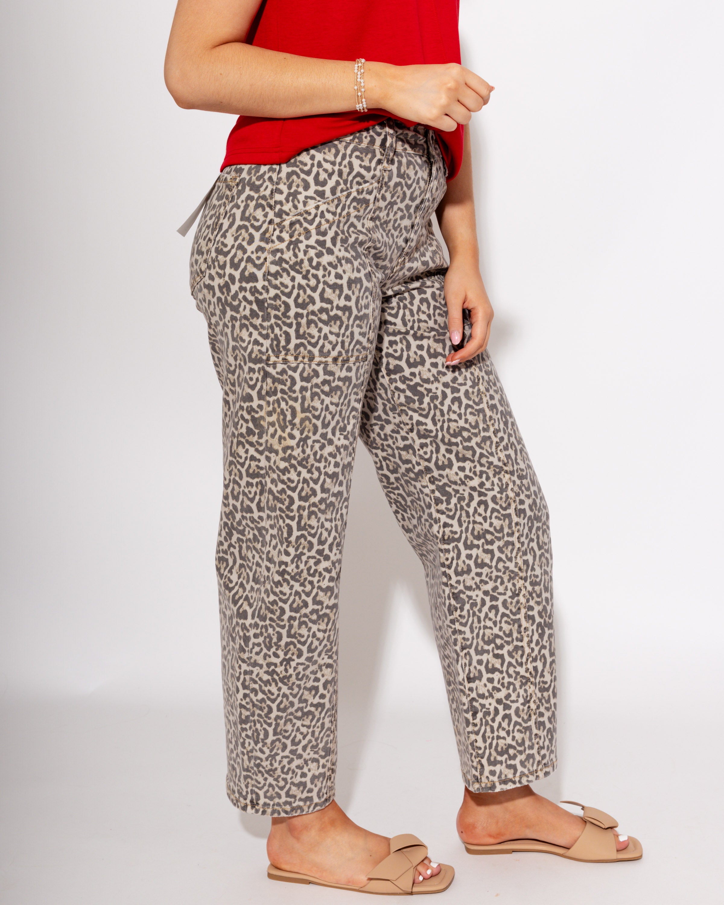 Vervet leopard print utility barrel jeans side view, high rise boutique denim at Gaudie & Co
