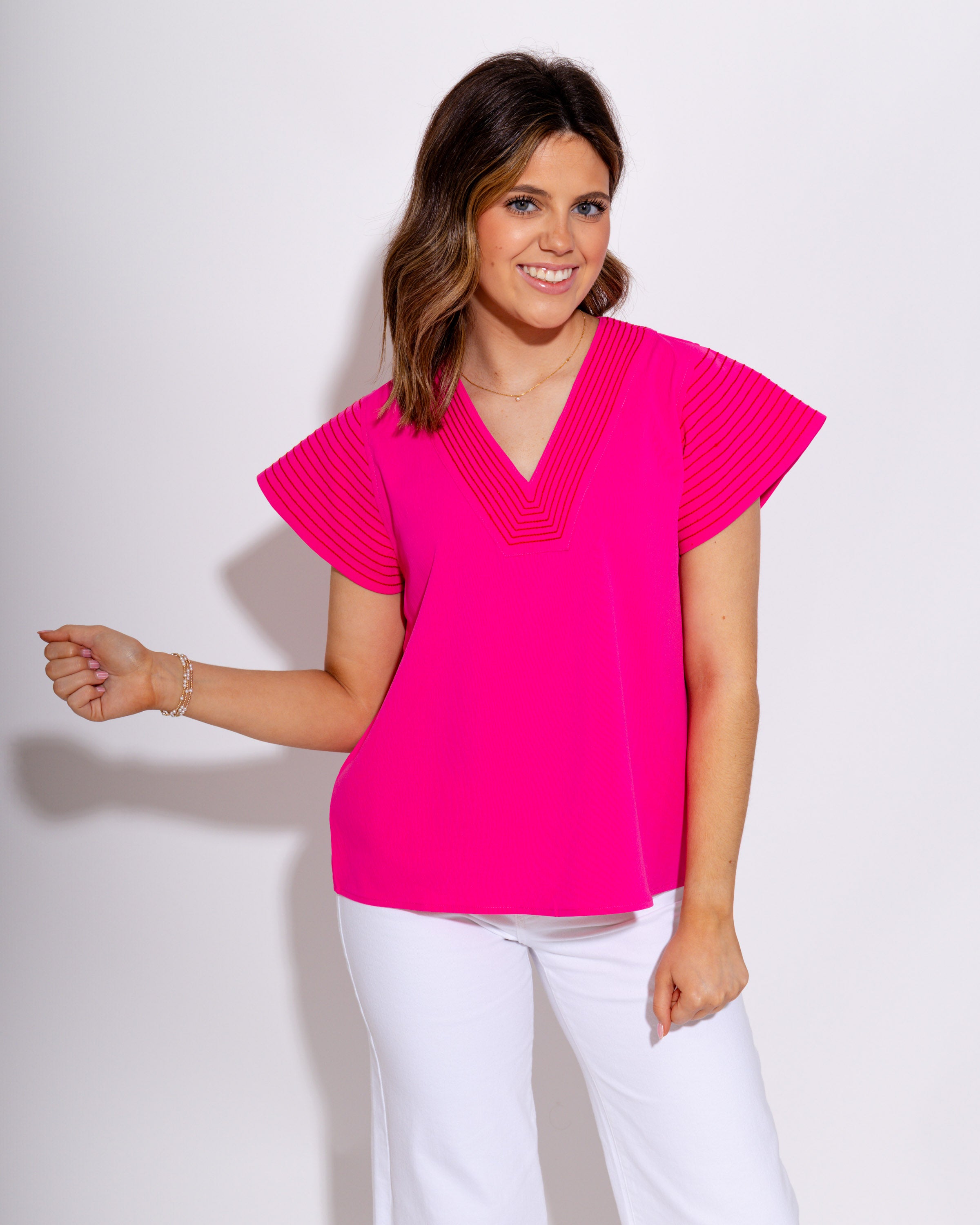 Crinkle Texture Stitch Detail Top in Pink