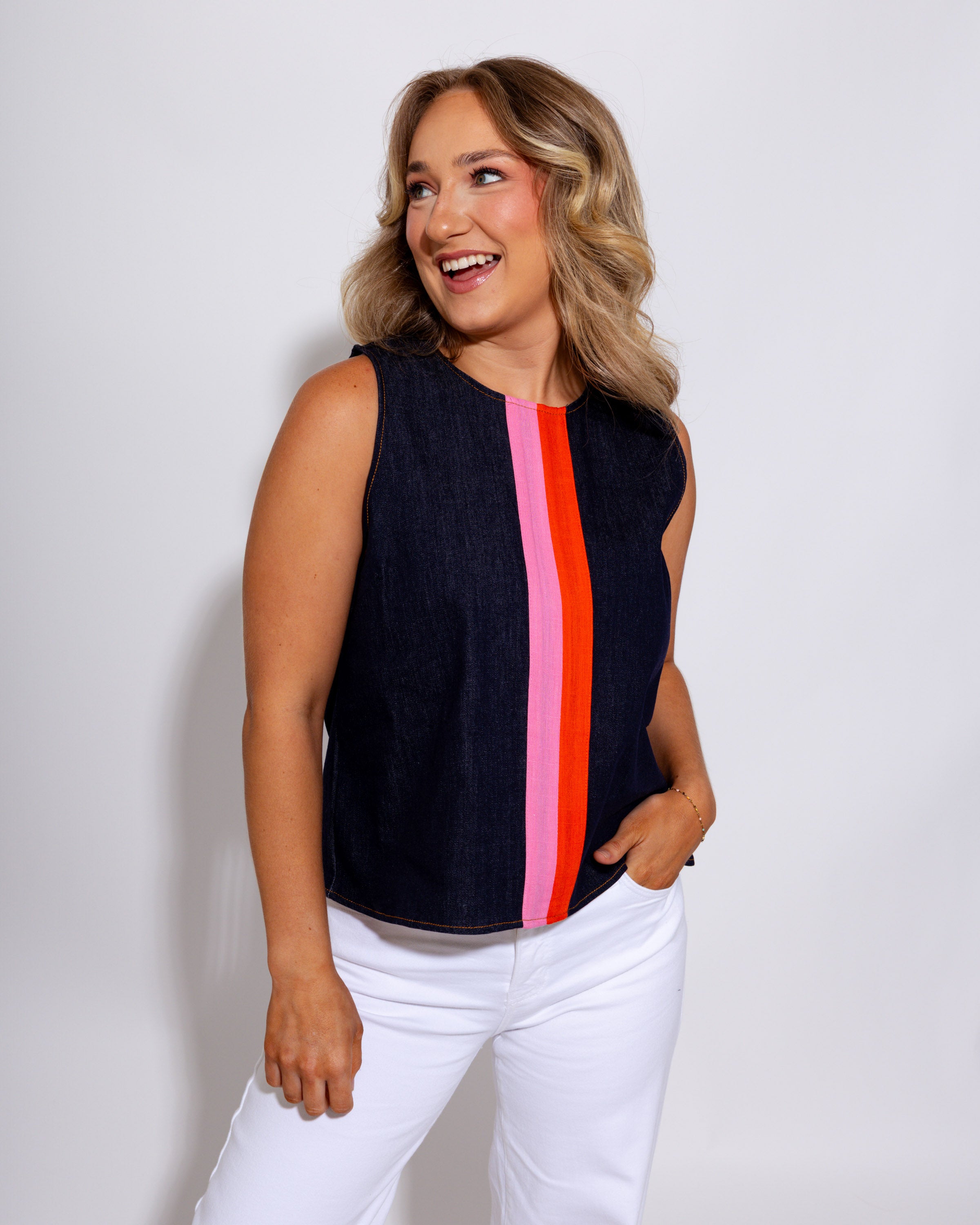 Dark Denim Contrast Stripe Top