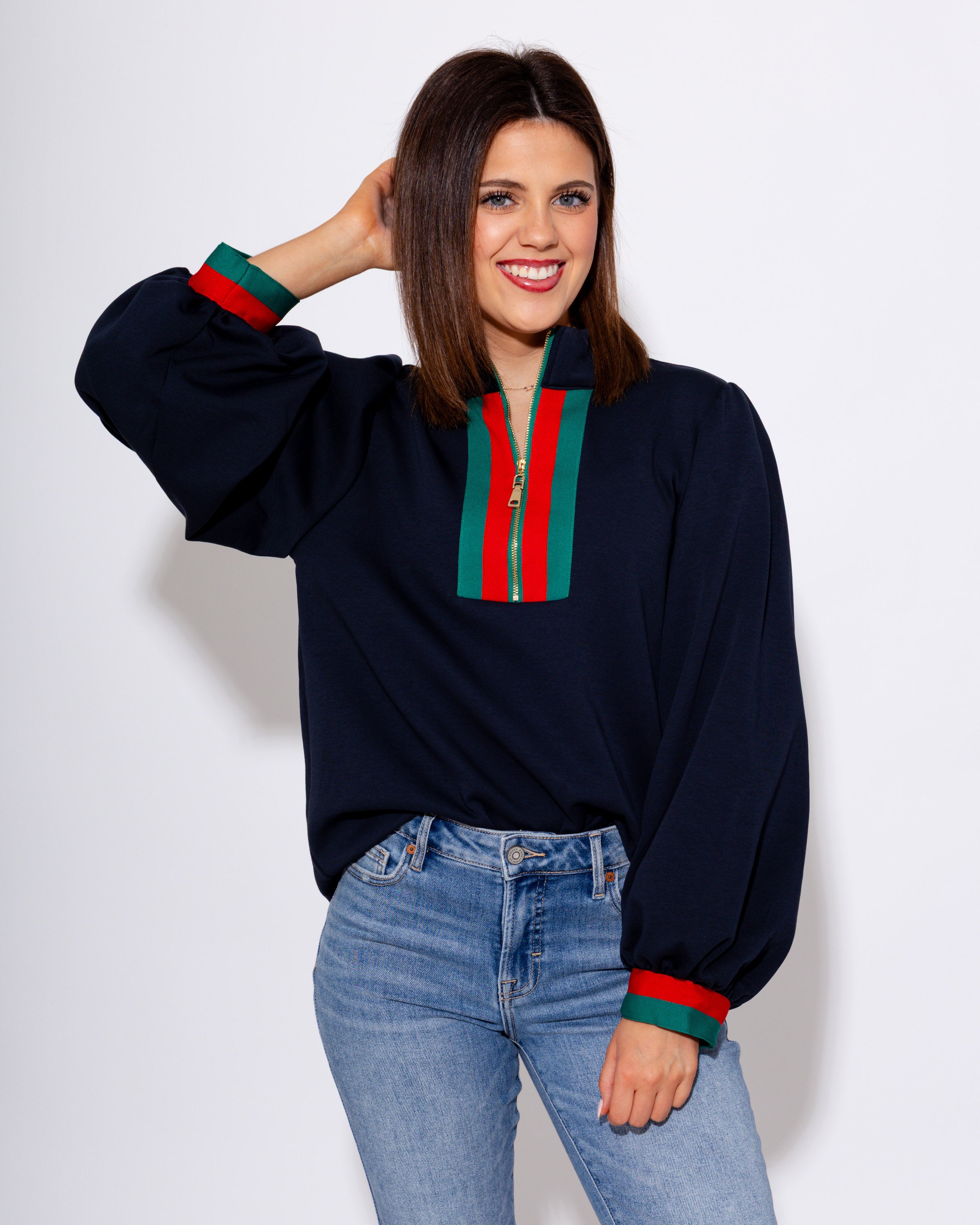 Color Band Accent Front Zip Top