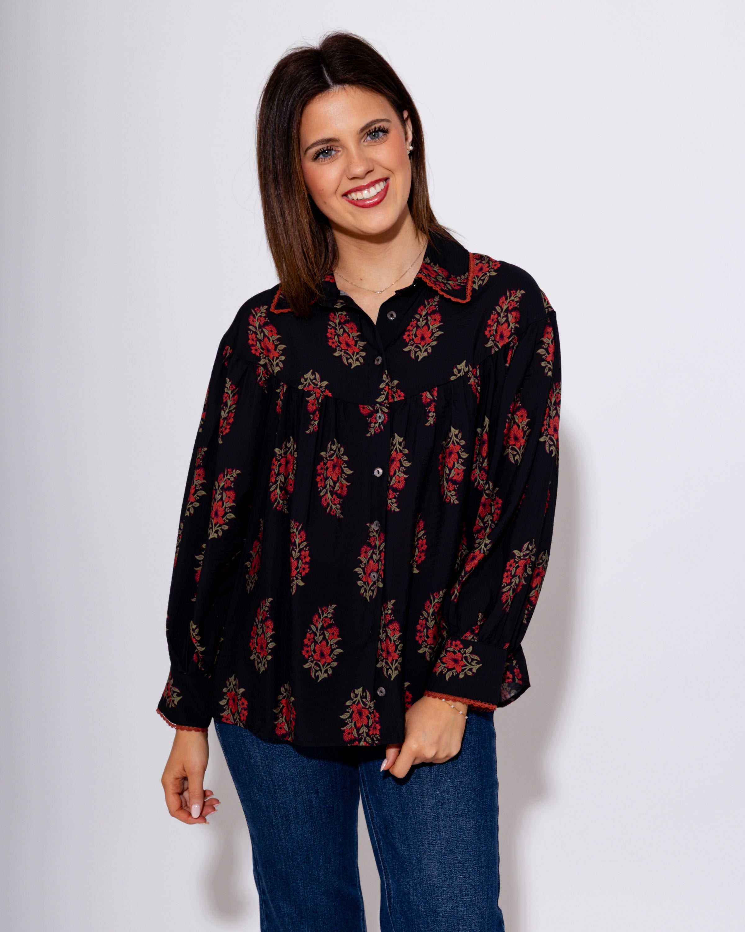 Midnight Petal Button Up Top