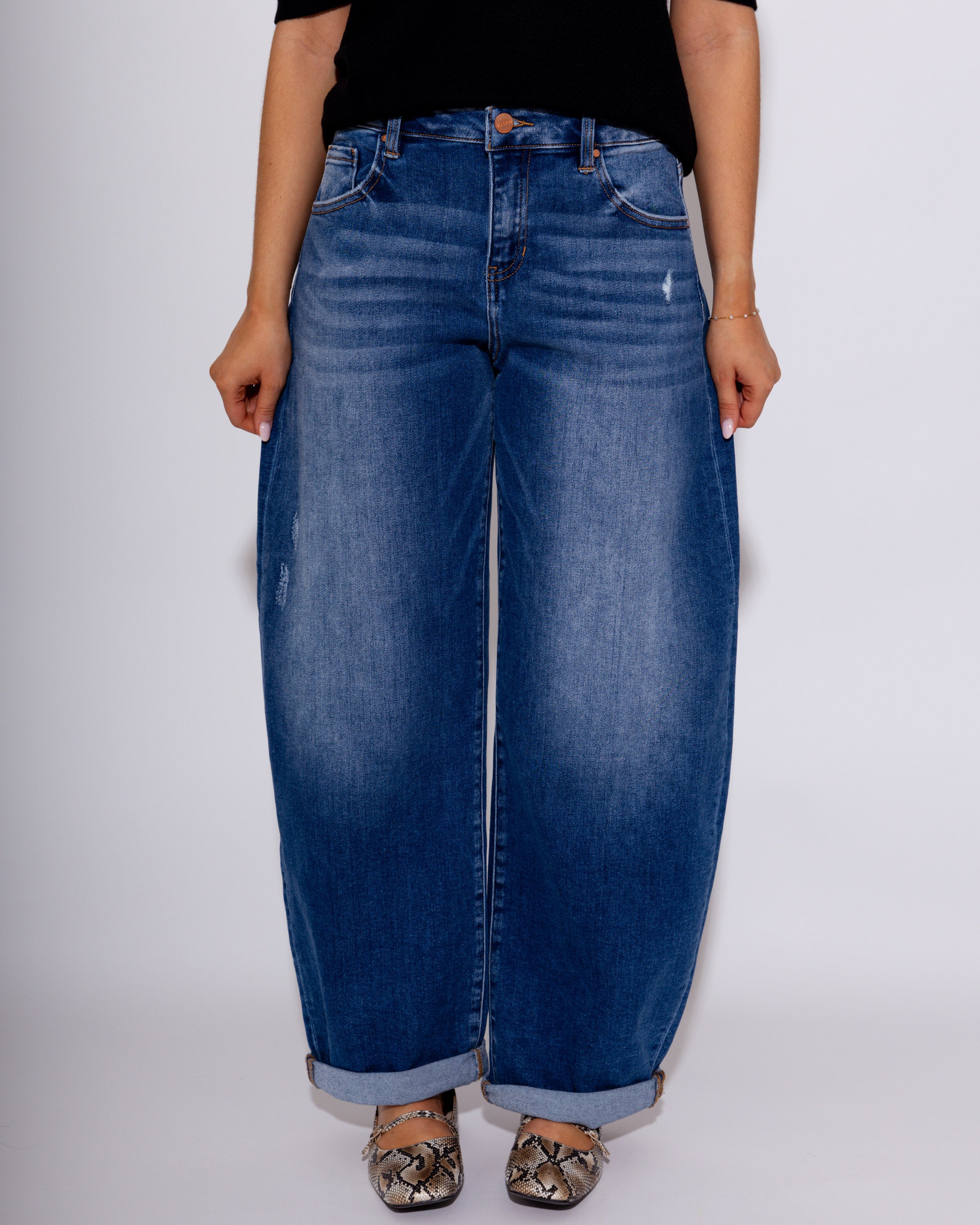 Mid Rise Barrel Double Roll Up Jeans in Dark
