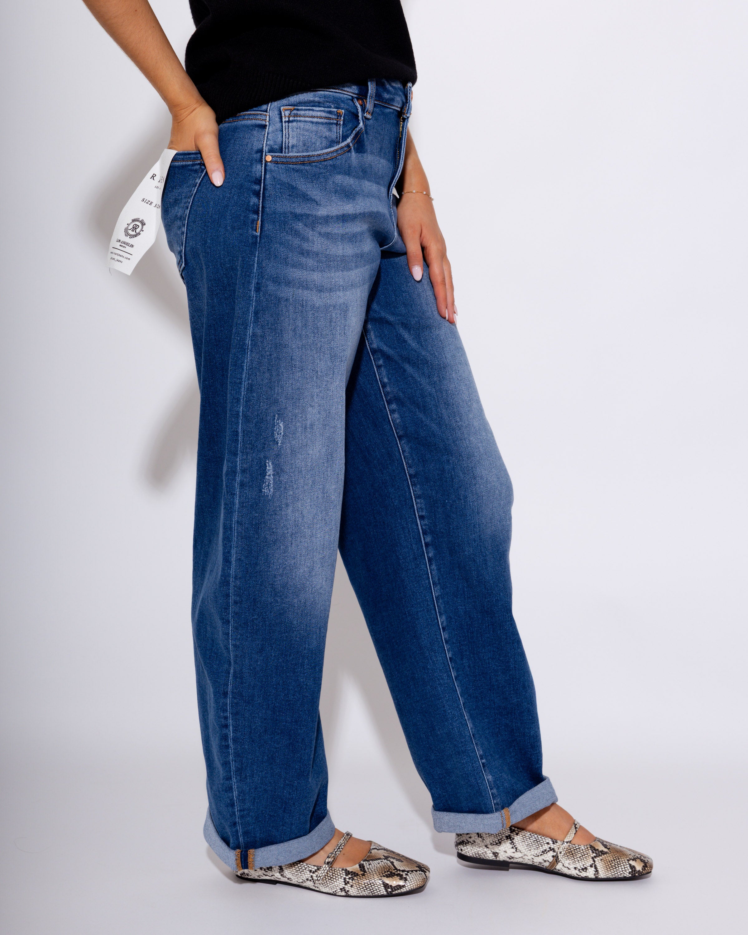 Mid Rise Barrel Double Roll Up Jeans in Dark