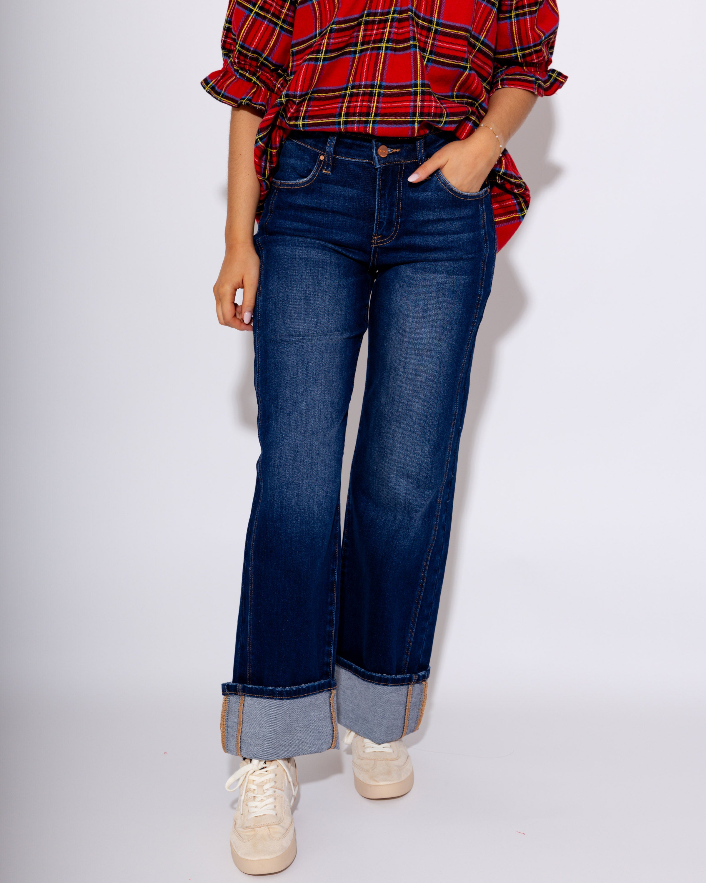 Mid Rise Cuffed Anke Straight Jeans