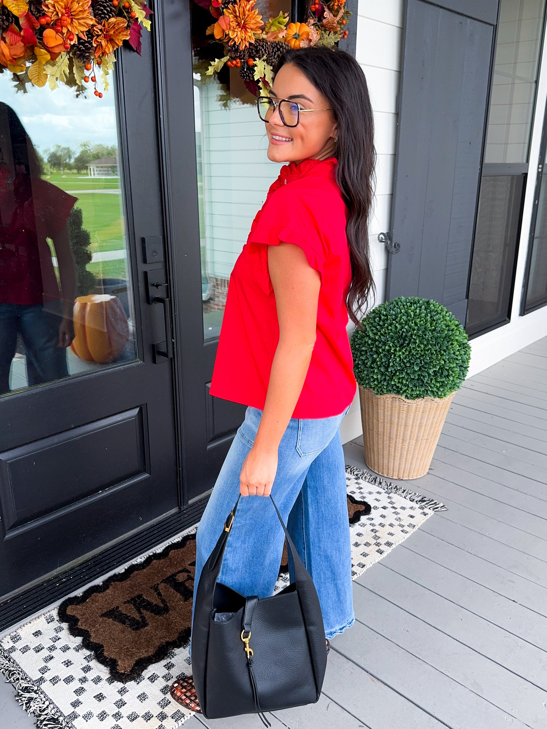 Drop Shoulder Ruffle Top in Red