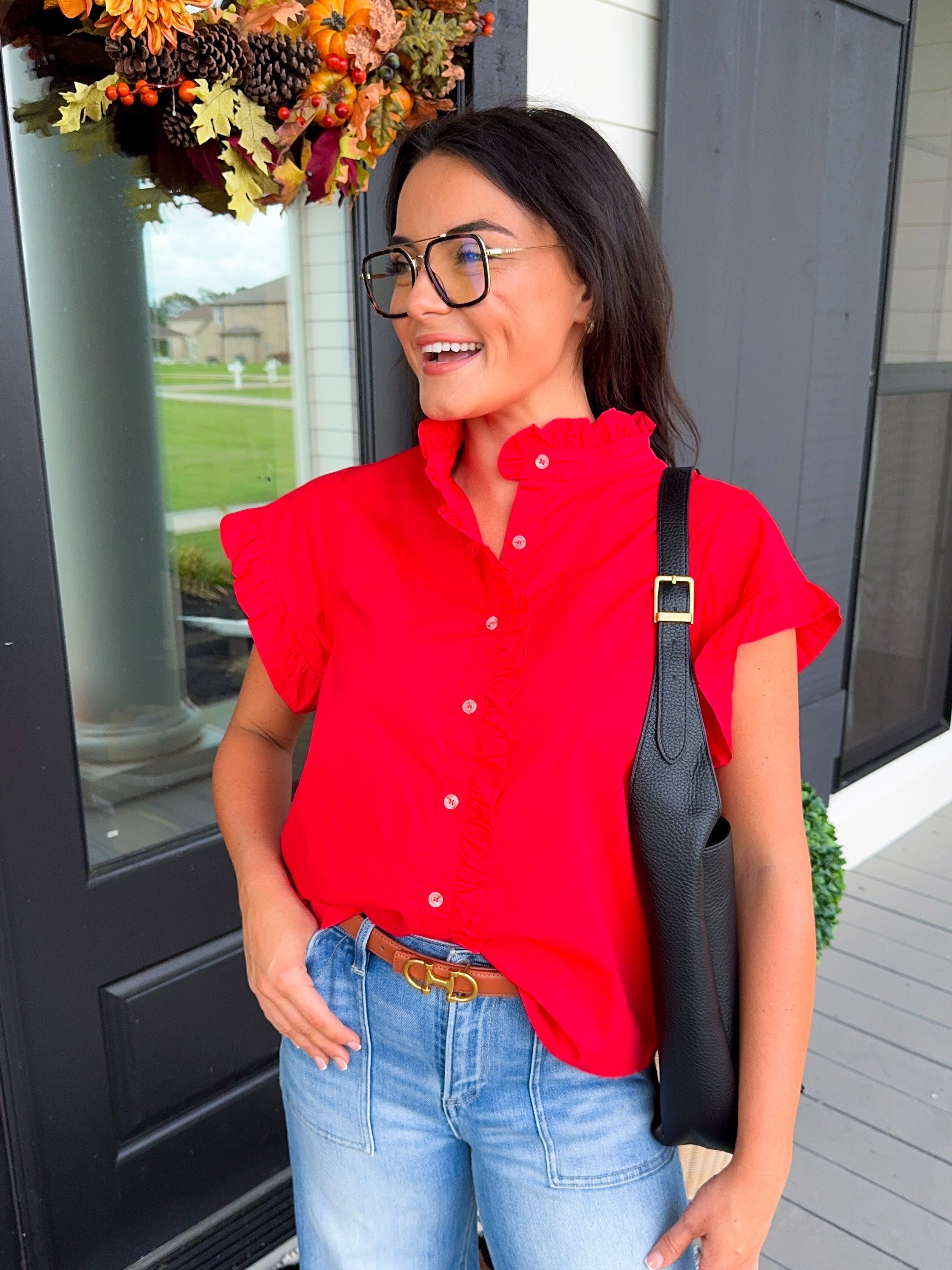 Drop Shoulder Ruffle Top in Red