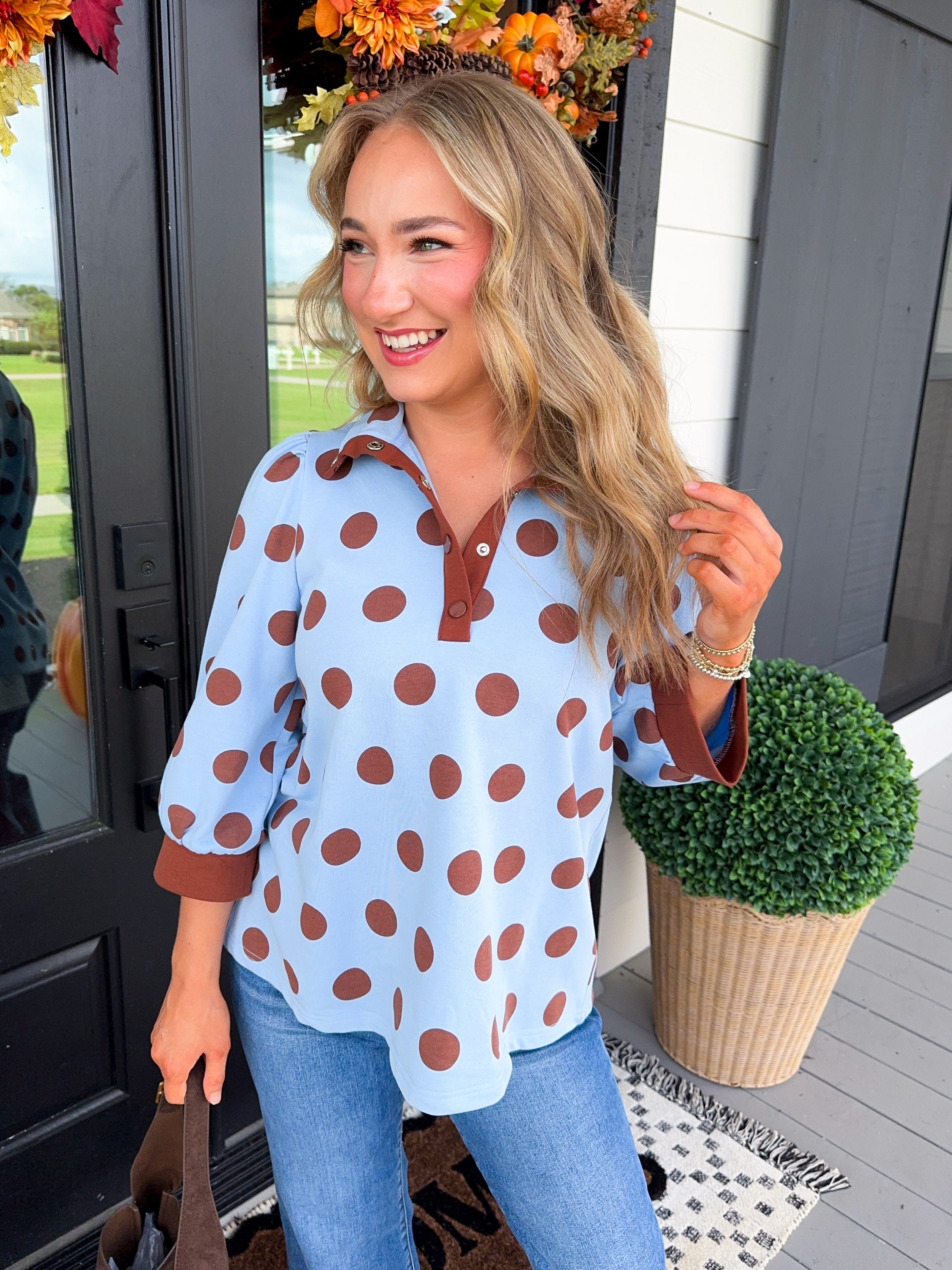 Polka Dot Snap Button Top in Blue