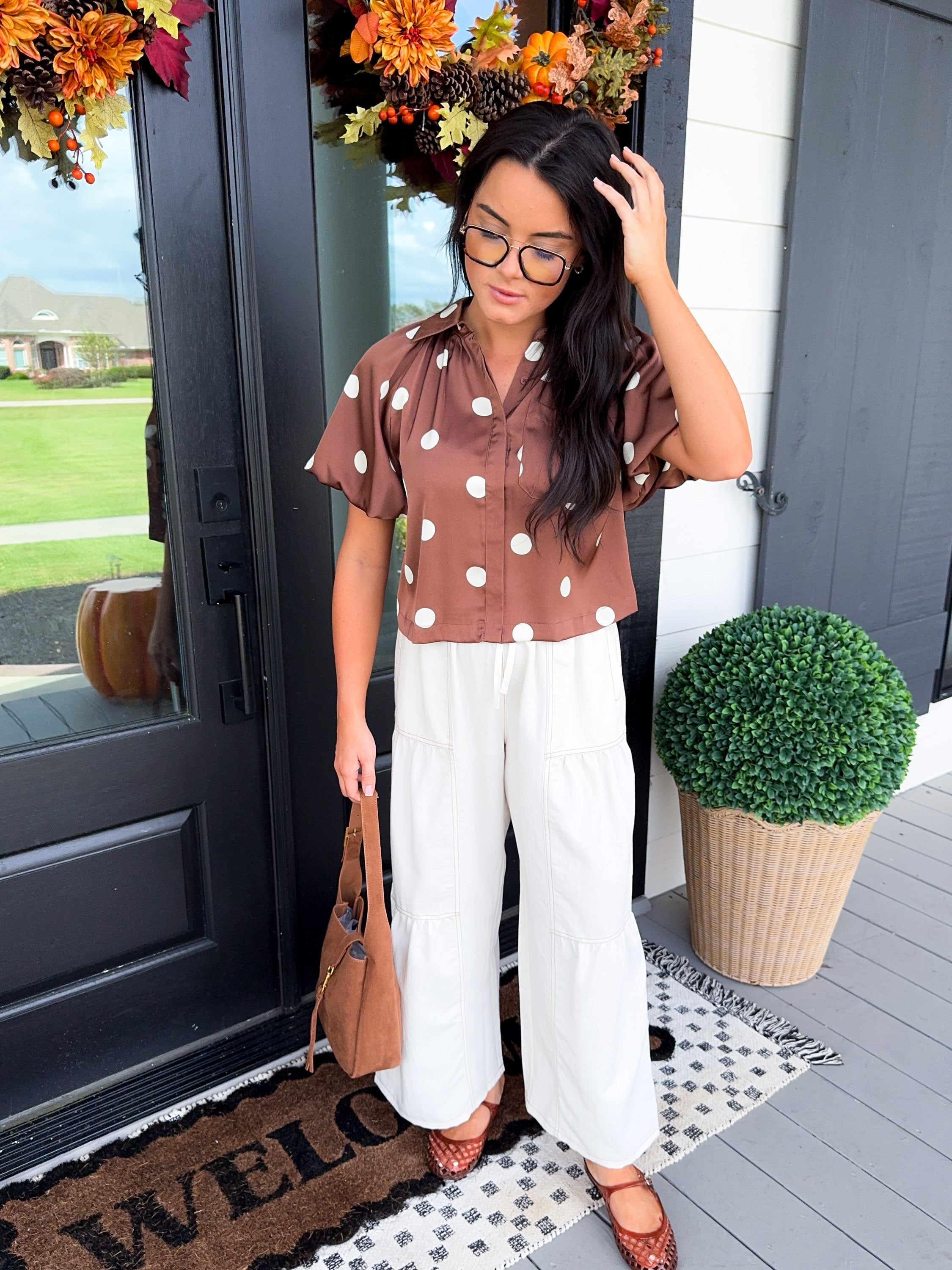 Polka Dot Satin Button Up Top