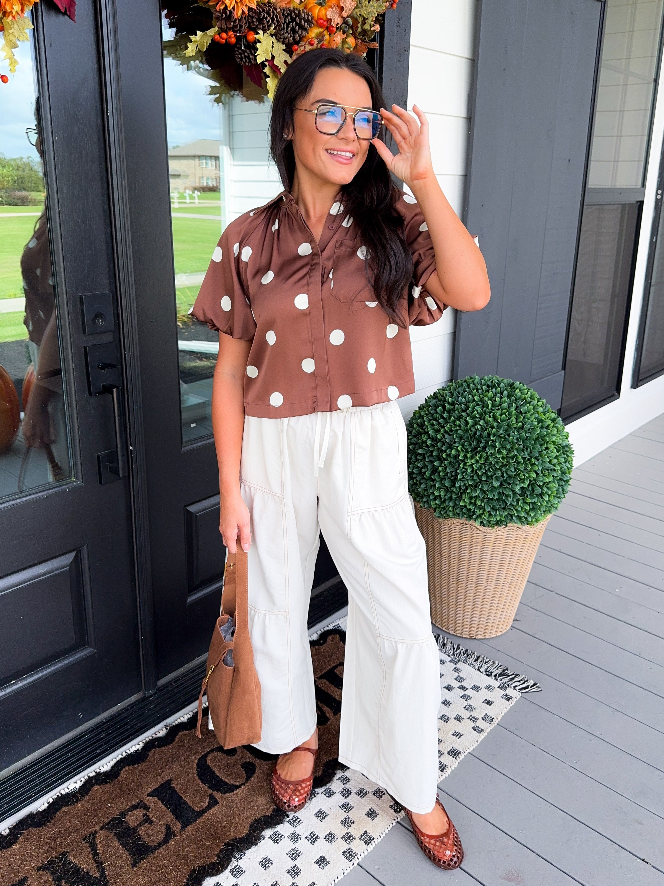 Polka Dot Satin Button Up Top
