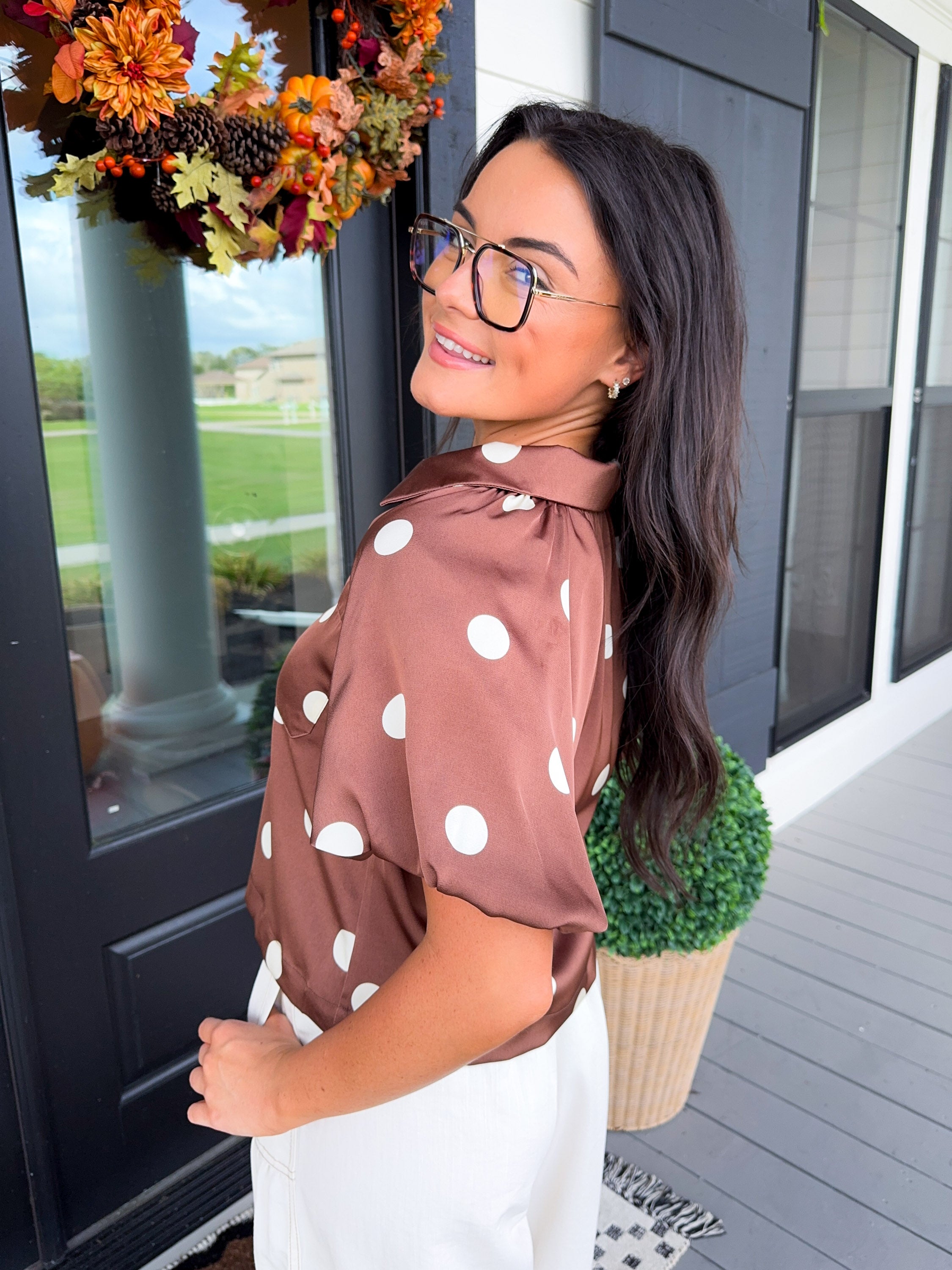 Polka Dot Satin Button Up Top