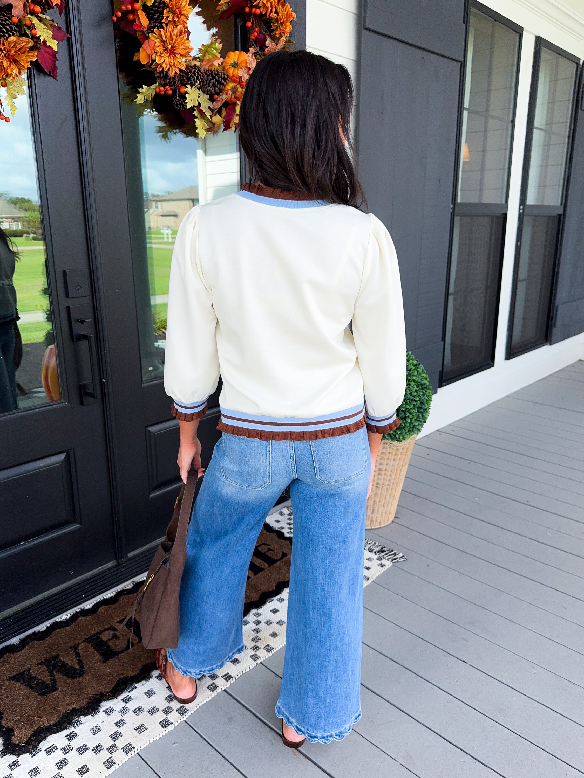 Ruffle Edge 3/4 Sleeve Top in Ecru