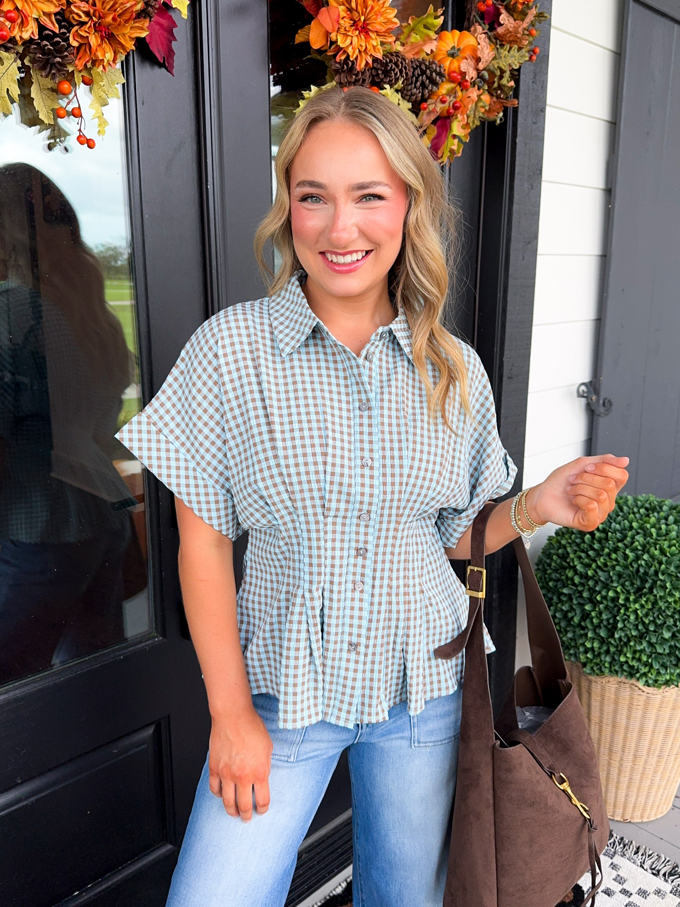Gingham Grace Pleated Top