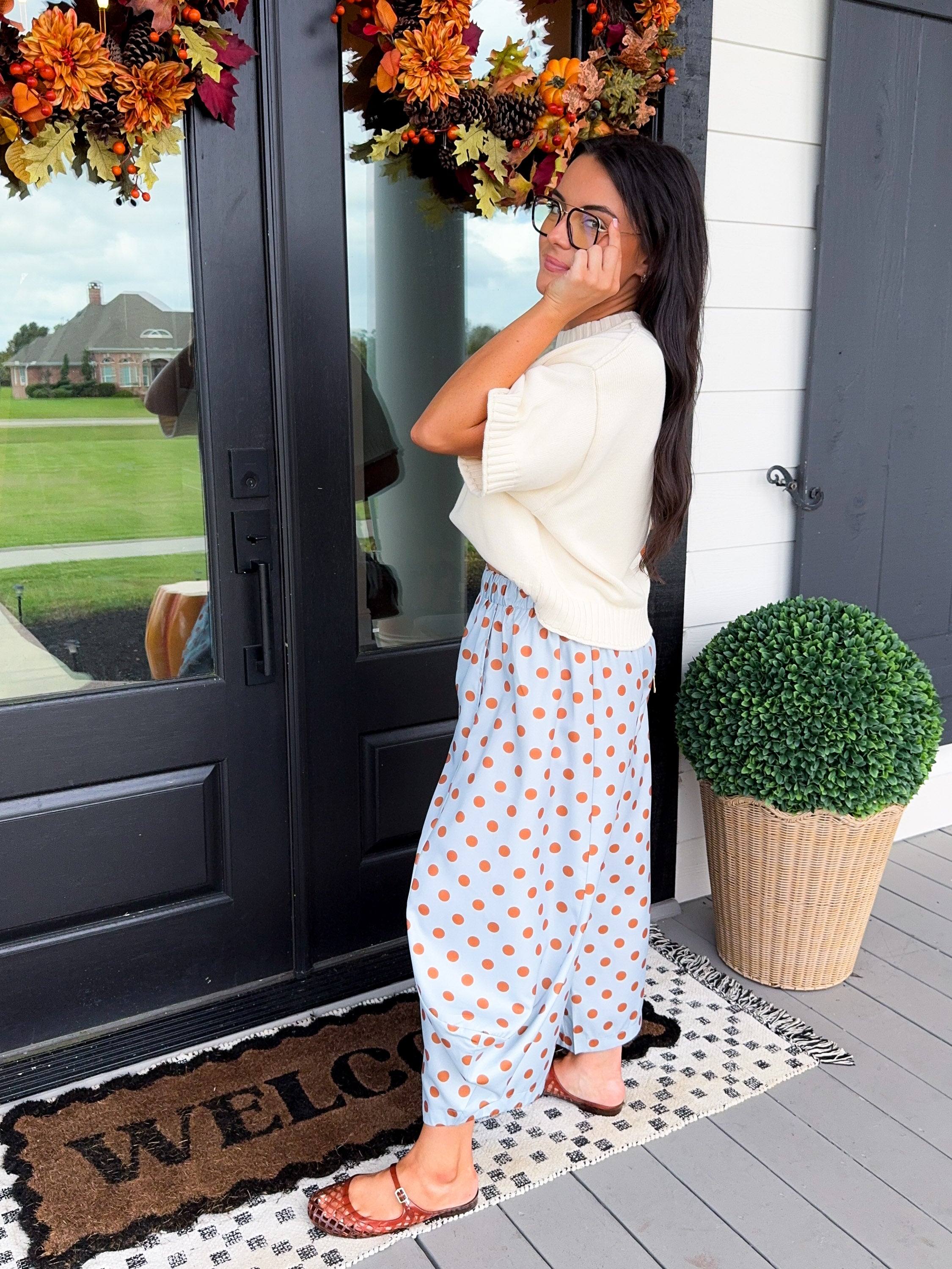 Polka Dot Wide-Leg Pants in Light Blue