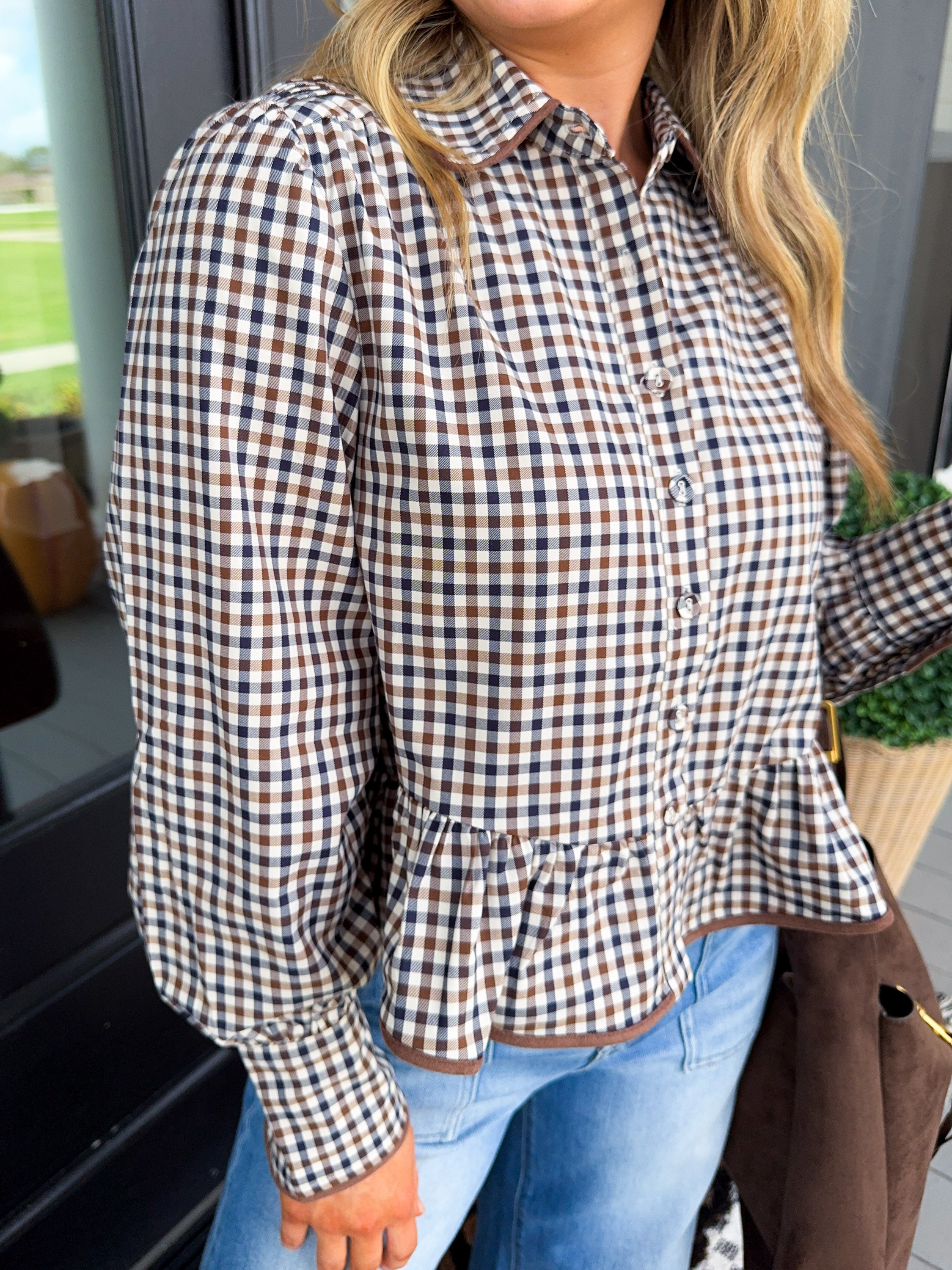 Plaid Ruffle Hem Button Up Top