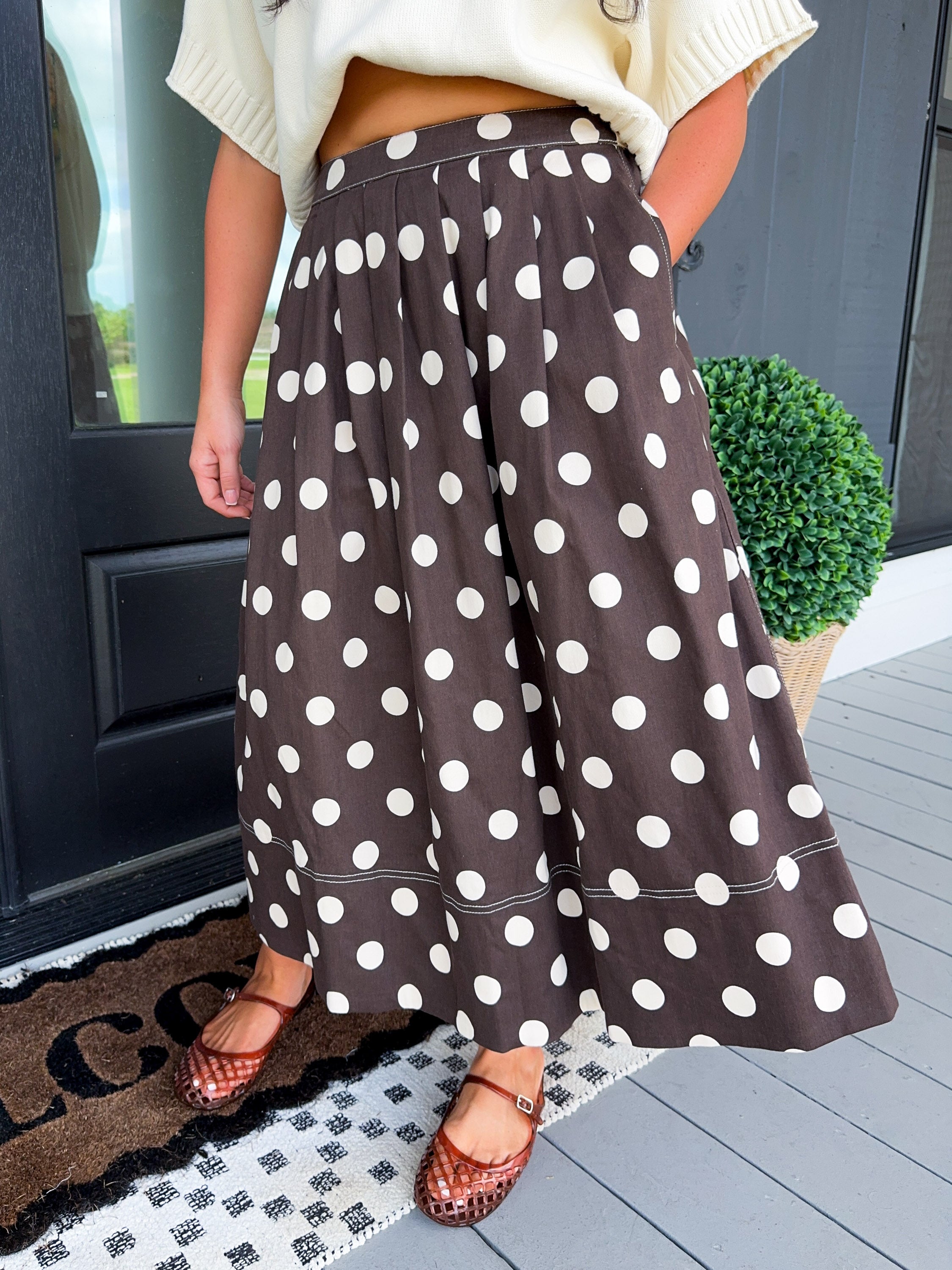 Polka Dot Pleated Midi Skirt