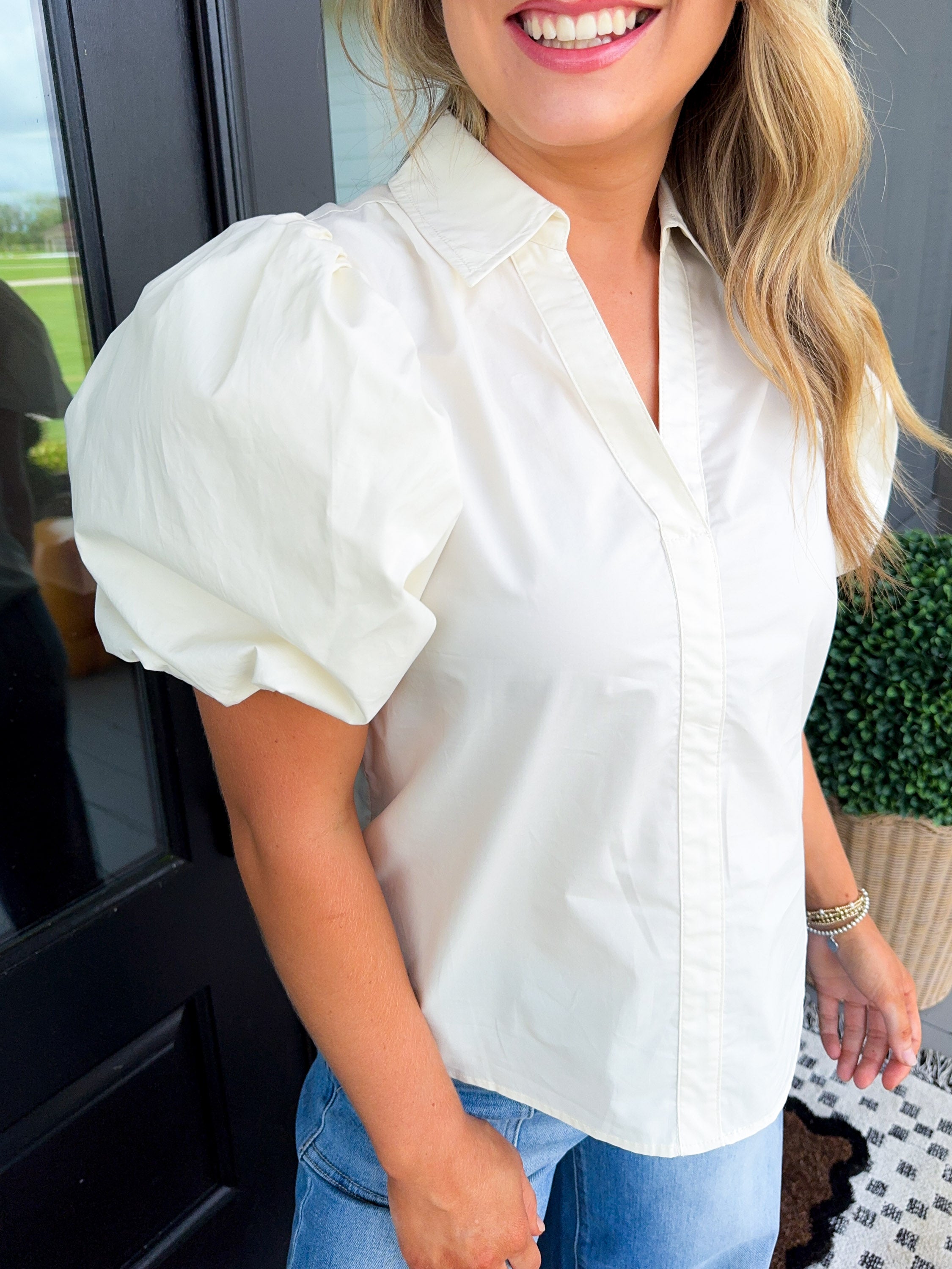 Shirred Detail Bubble Sleeve Top in Milk