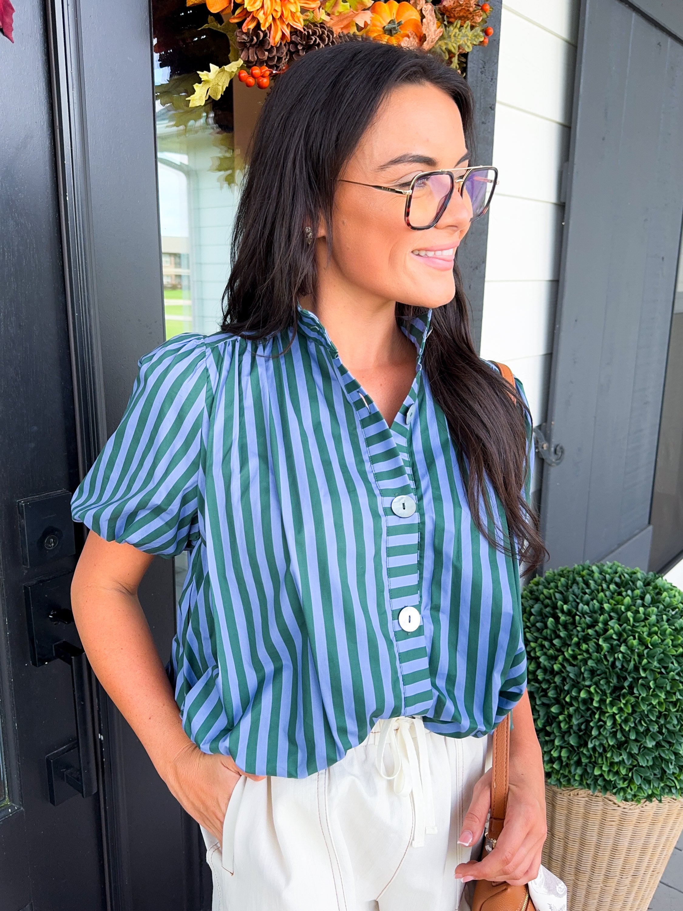 Striped Button Up Puff Sleeve Top