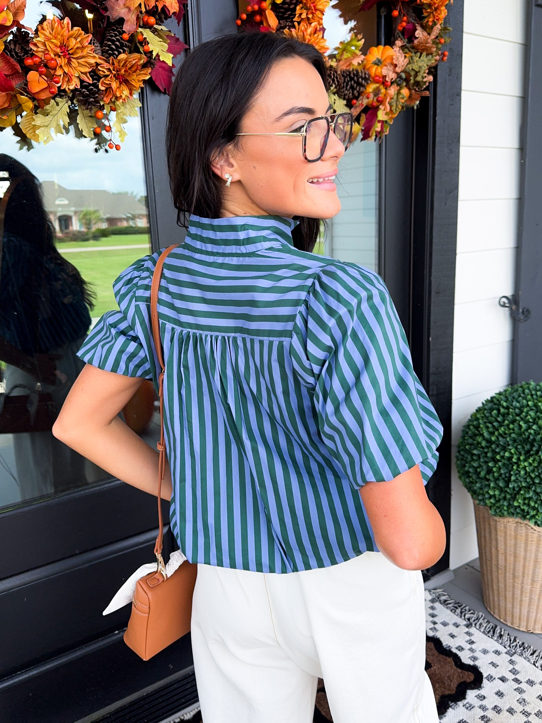 Striped Button Up Puff Sleeve Top