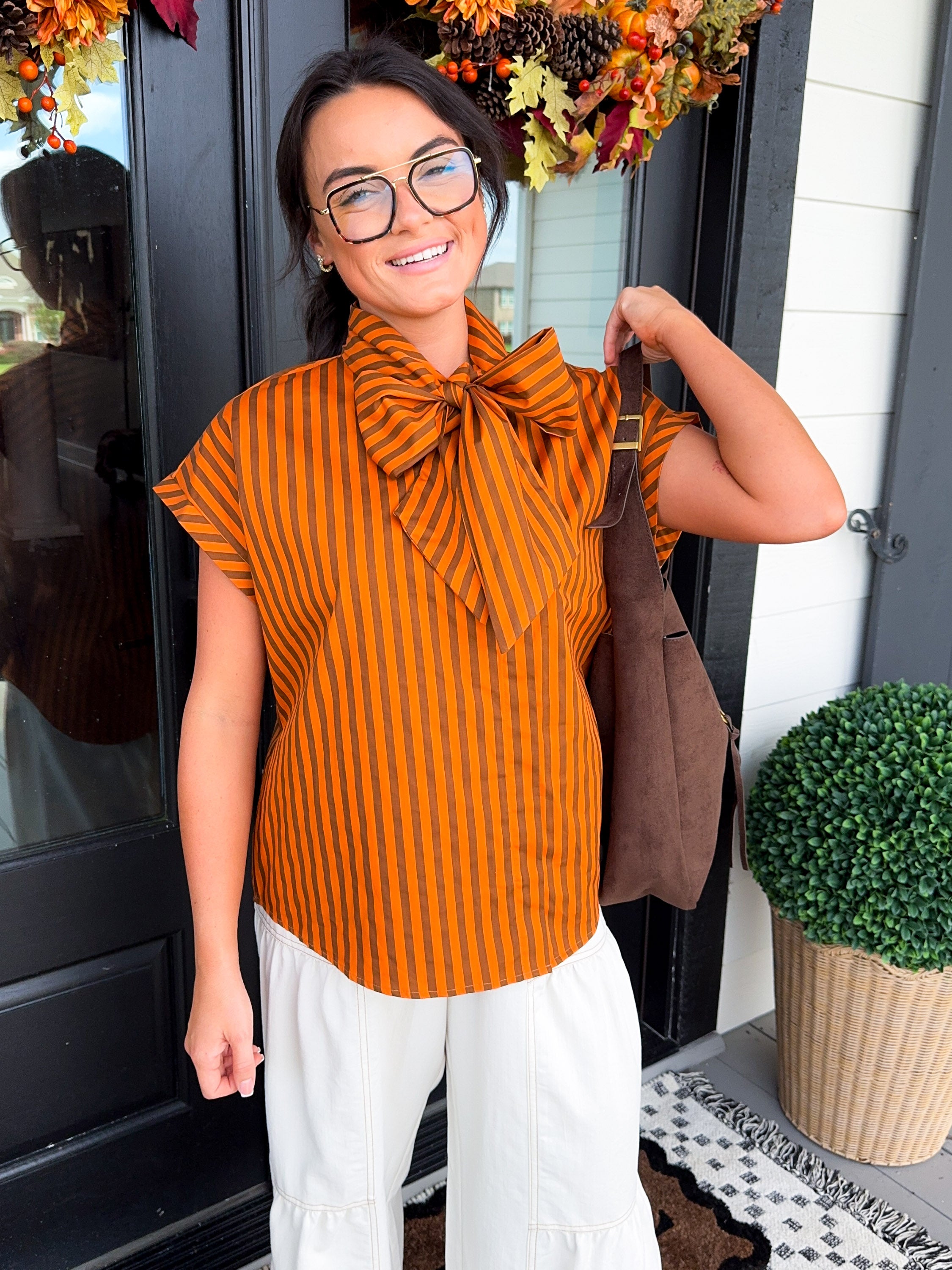 Stripe Bow Neck Tie Top