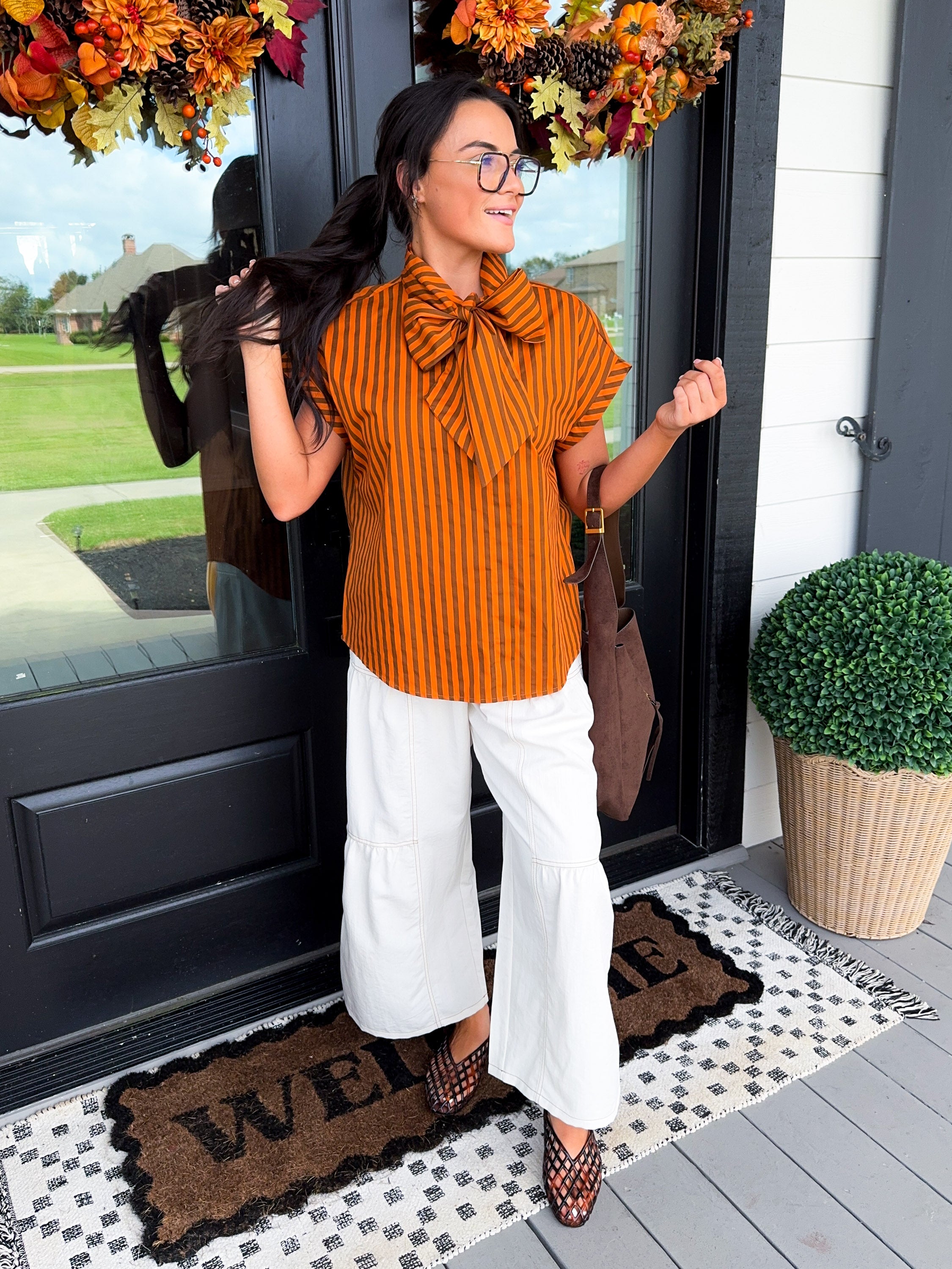 Stripe Bow Neck Tie Top