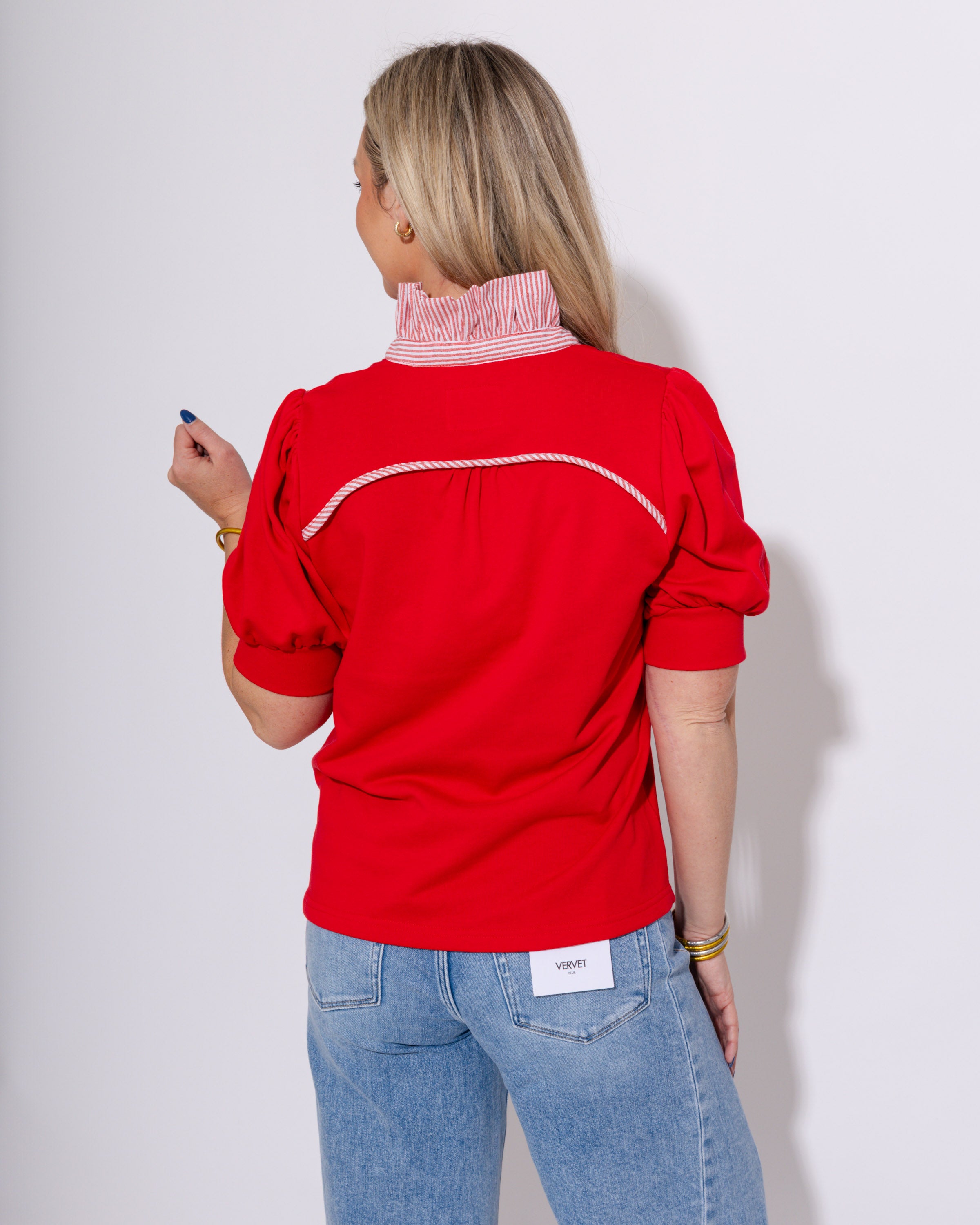 Striped and Solid Ruffled Neck Top in Red