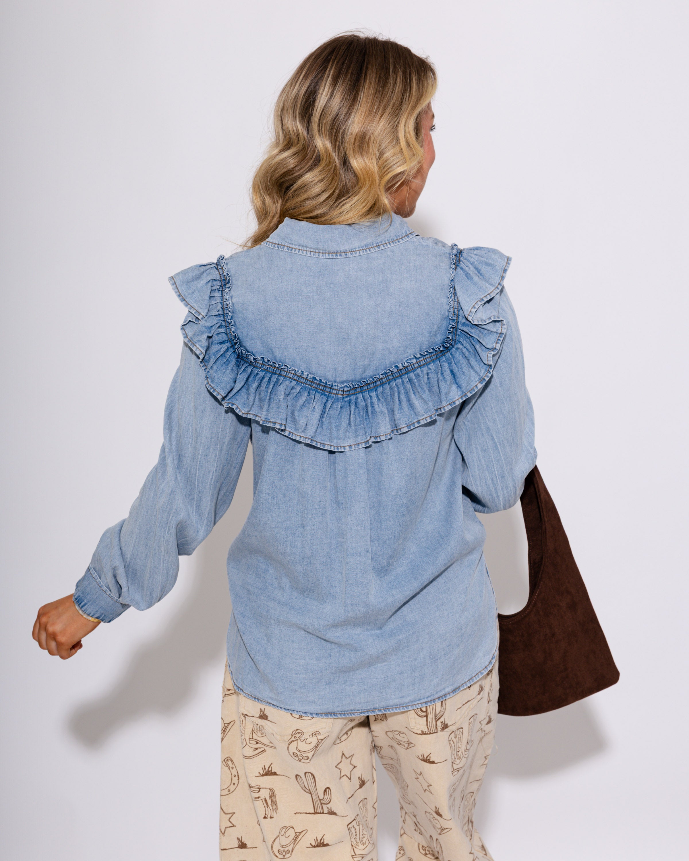 Snow Washed Denim Ruffle Top