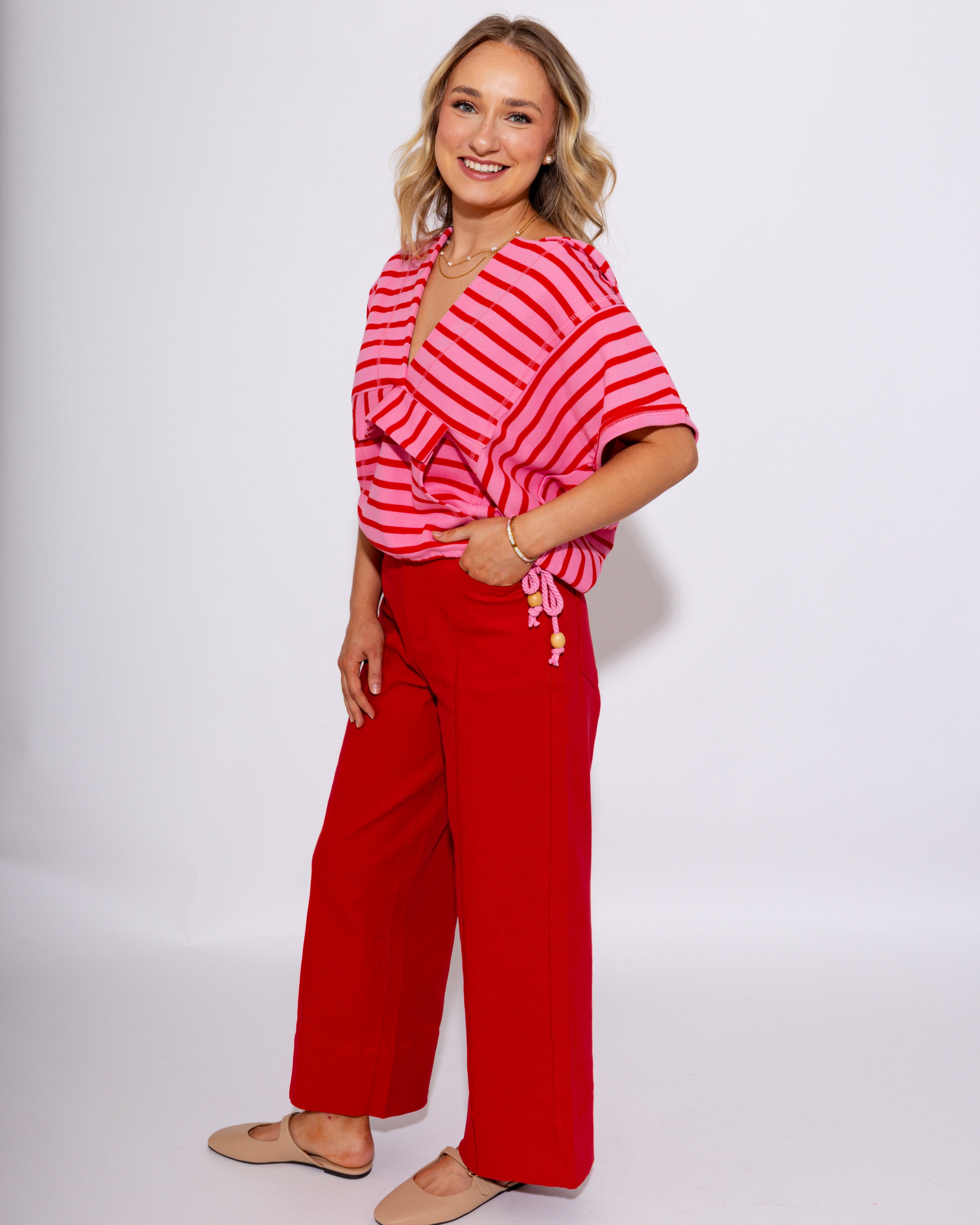 Striped Split Front Pocket Hoodie Top