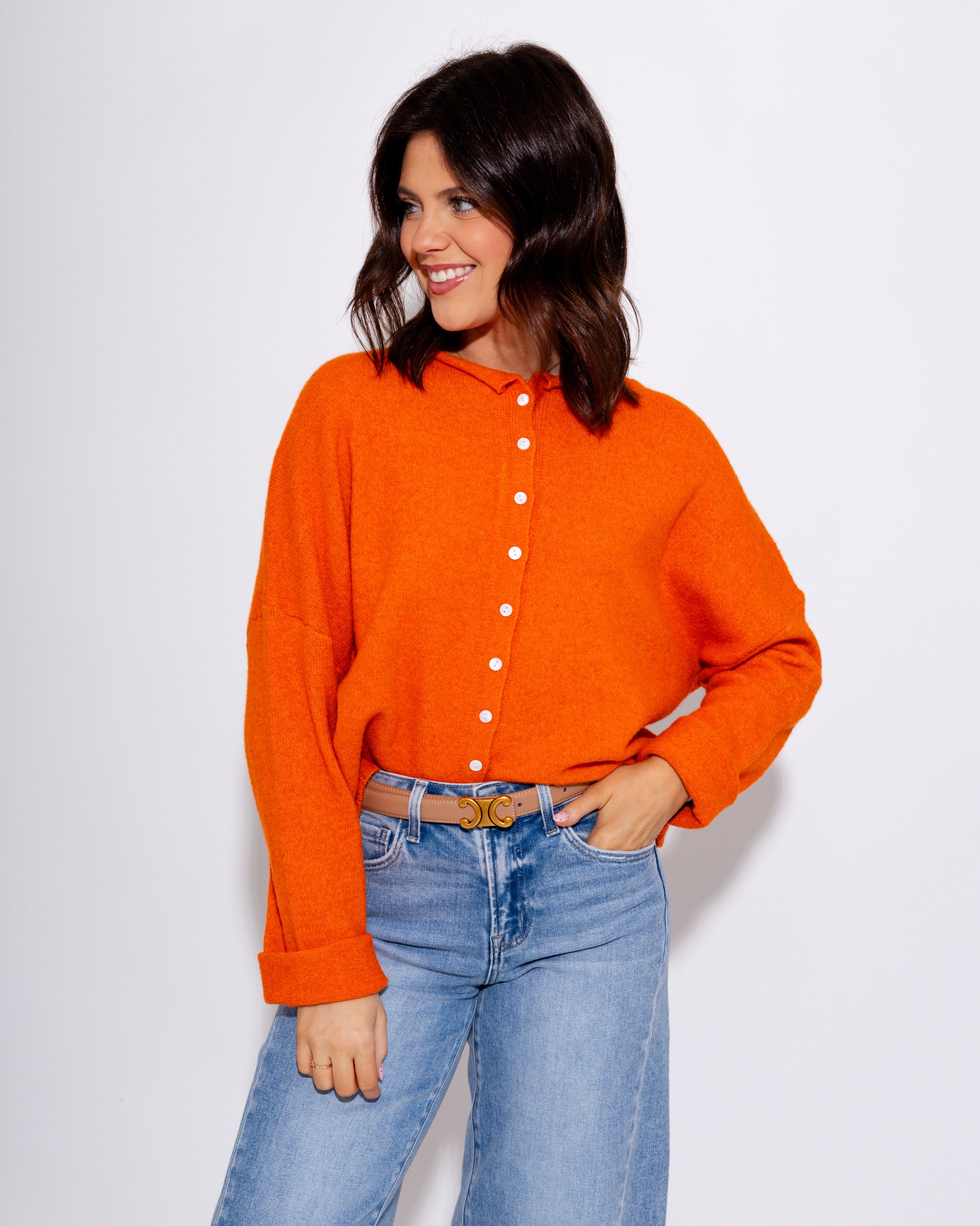 Classic Button Up Cardigan in Orange