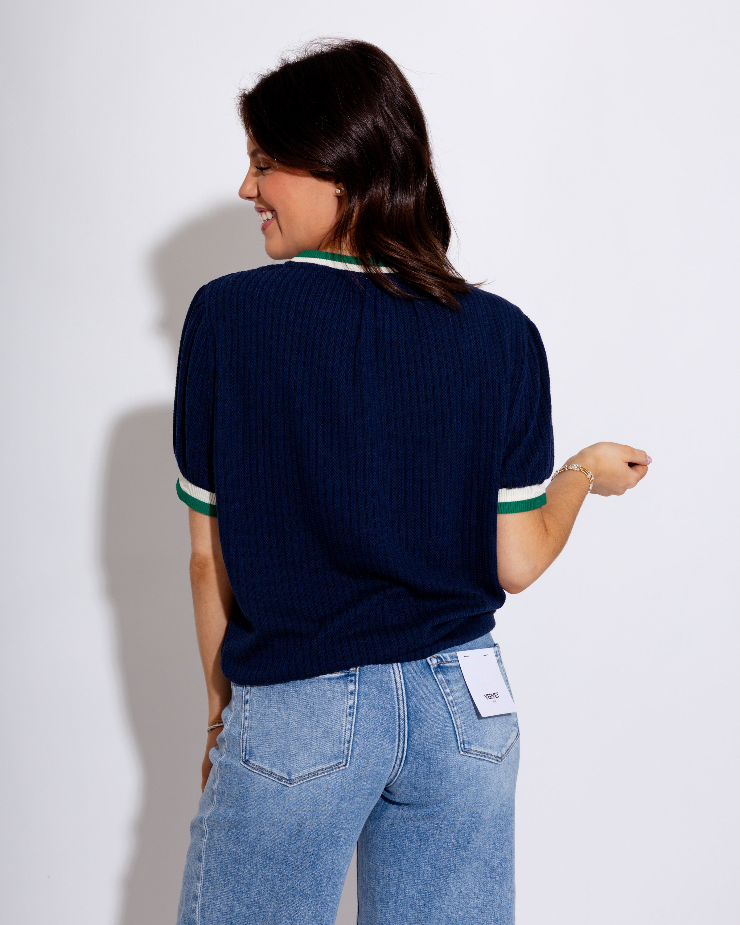 Puff Sleeve Knit Top in Navy