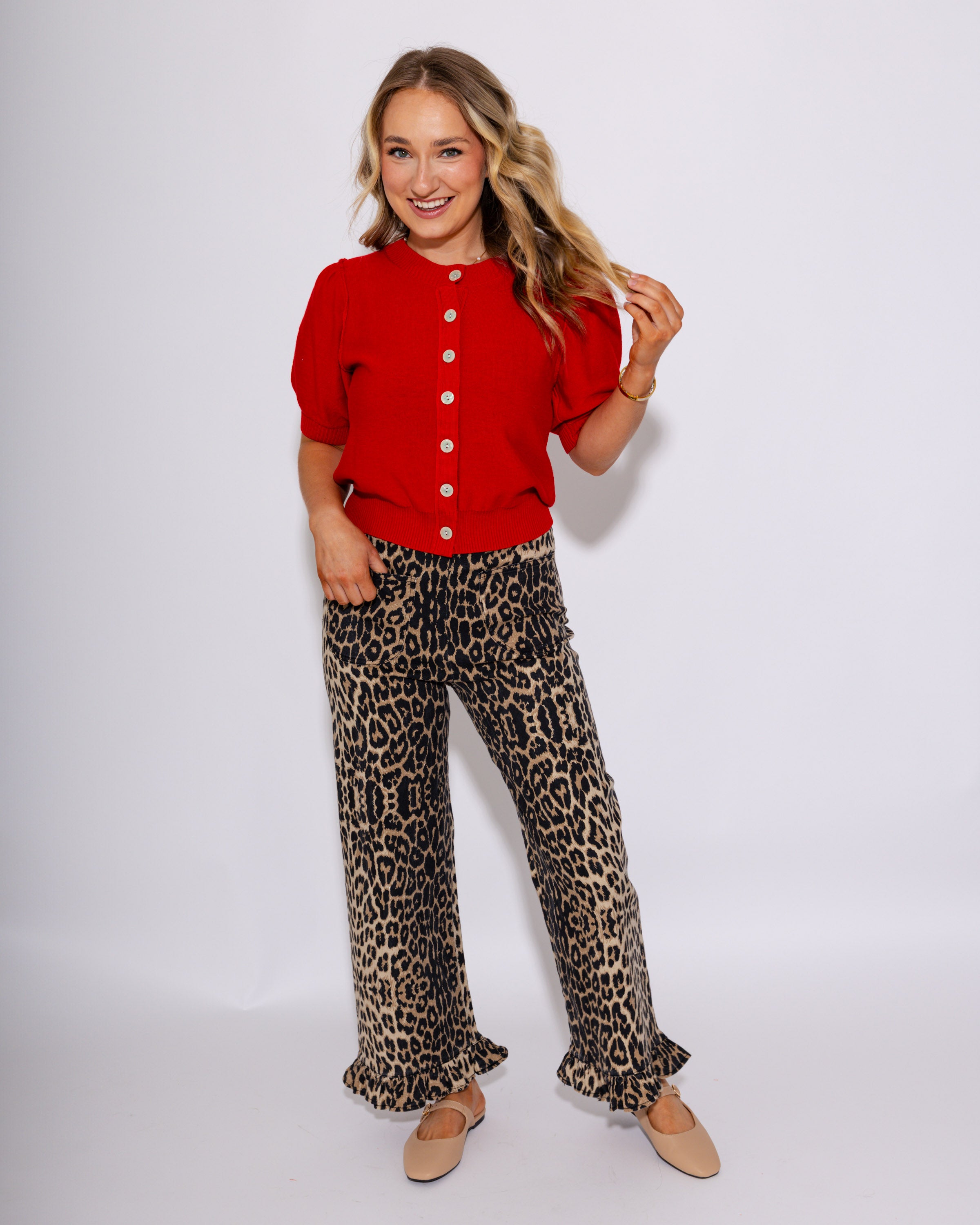 High Rise Leopard Ruffle Hem Pants