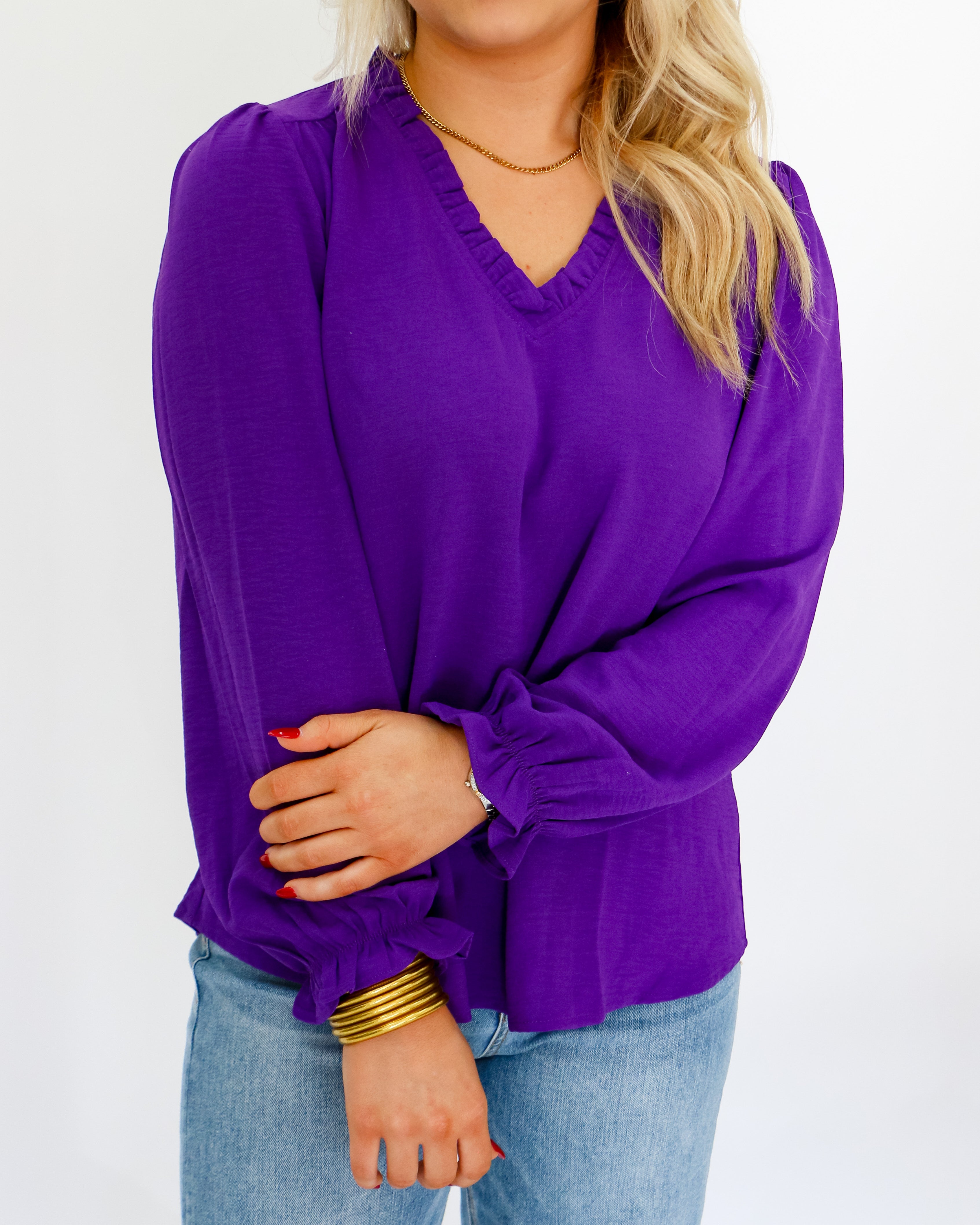 Solid Frilled V-Neck Top in Purple