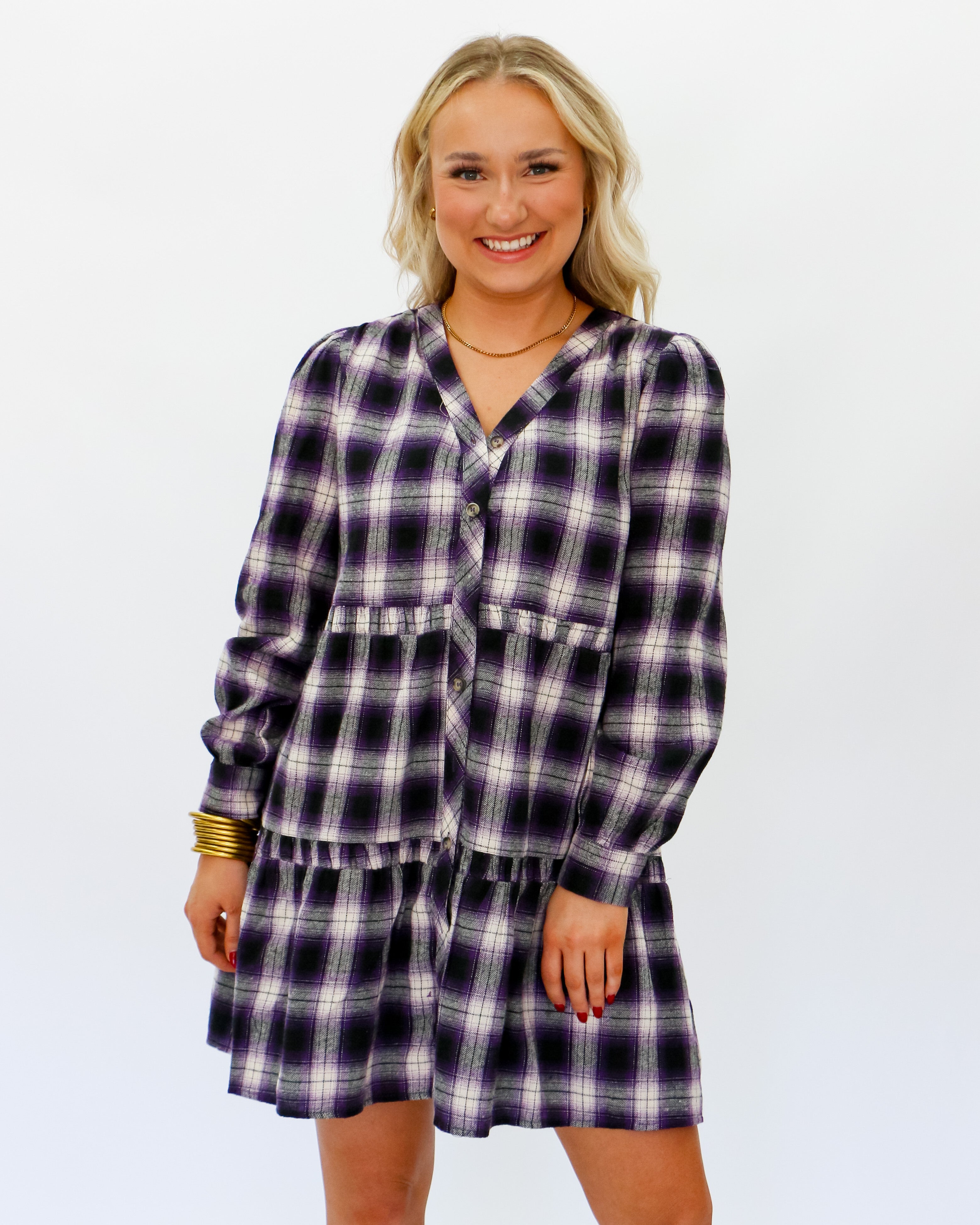 Plaid Button Down Purple Mini Dress