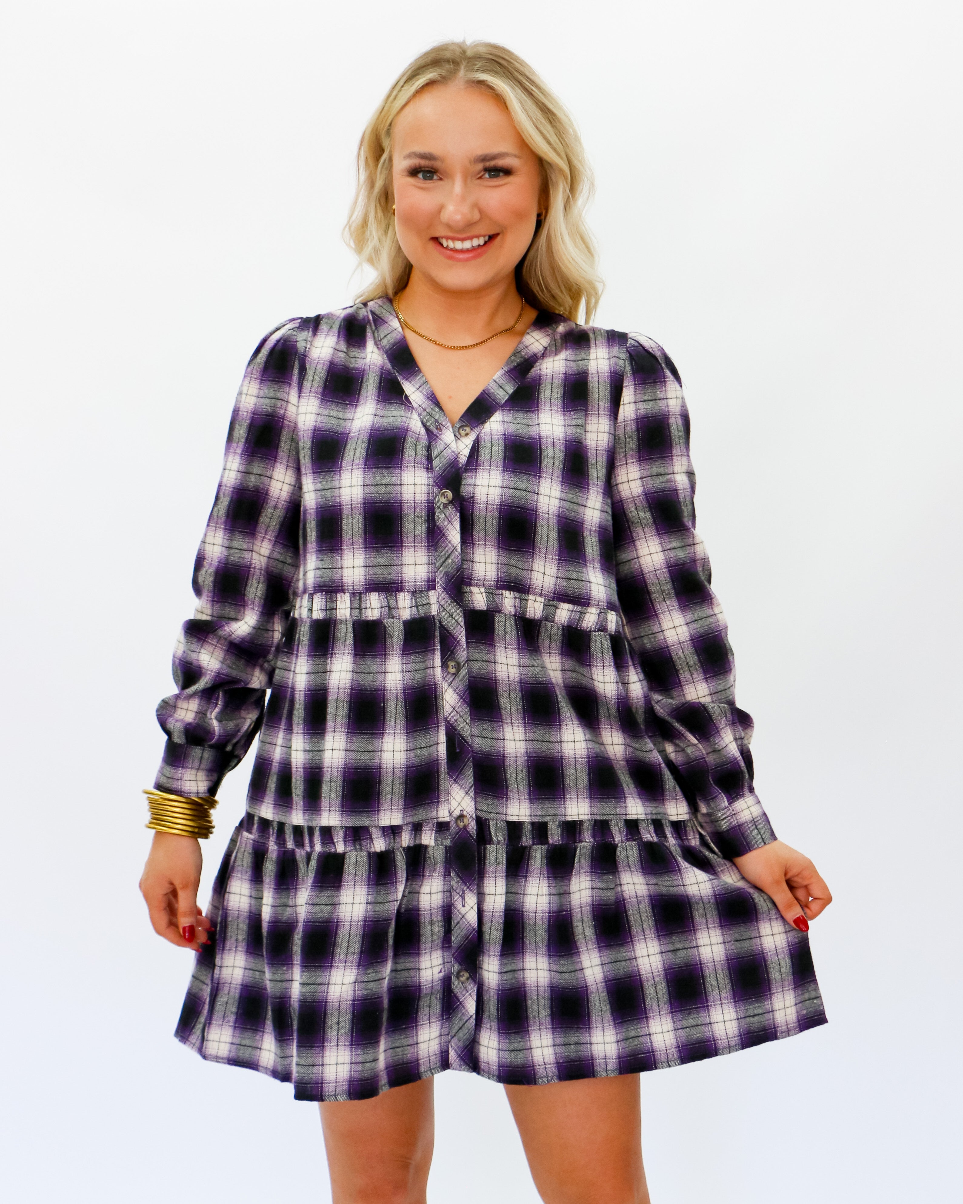 Plaid Button Down Purple Mini Dress