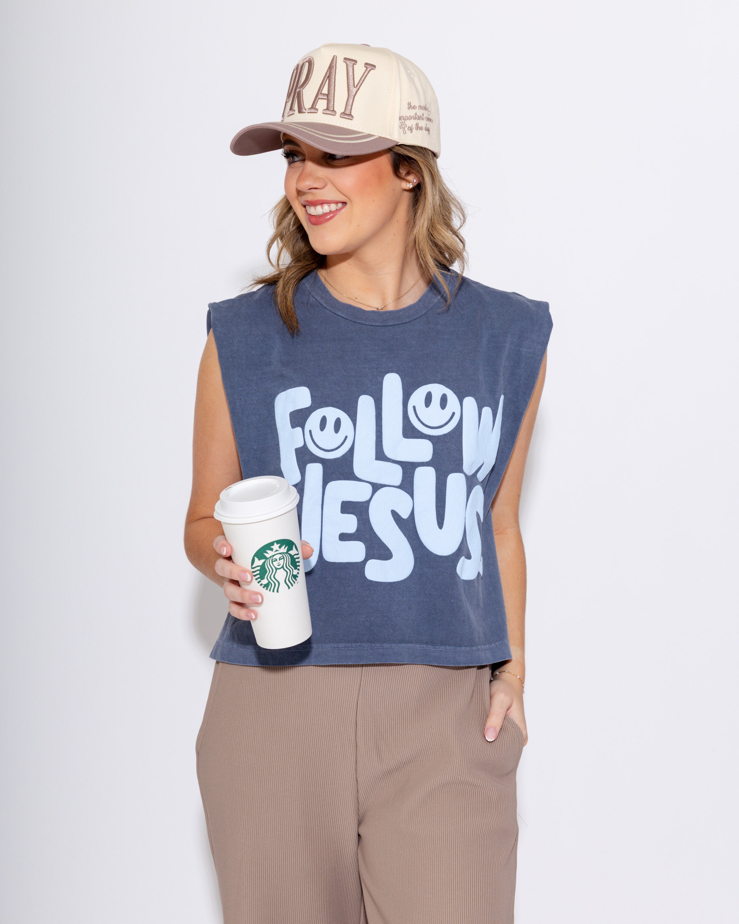Smiley Follow Jesus Puff Tank